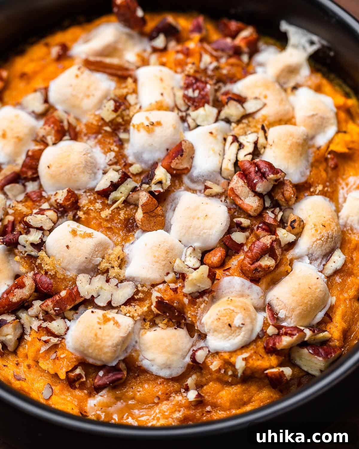 Sweet Potato Cloud with Pecan Crunch 2 Sweet potato casserole with marshmallows and pecans in black bowl.