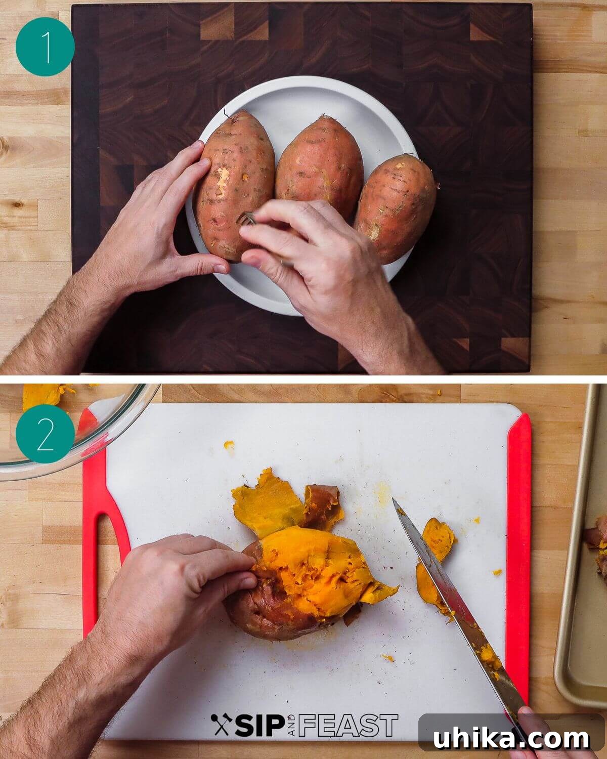 Sweet Potato Cloud with Pecan Crunch 4 Sweet potato casserole recipe process shot collage group number one showing fork piercing sweet potatoes and removing their skin.