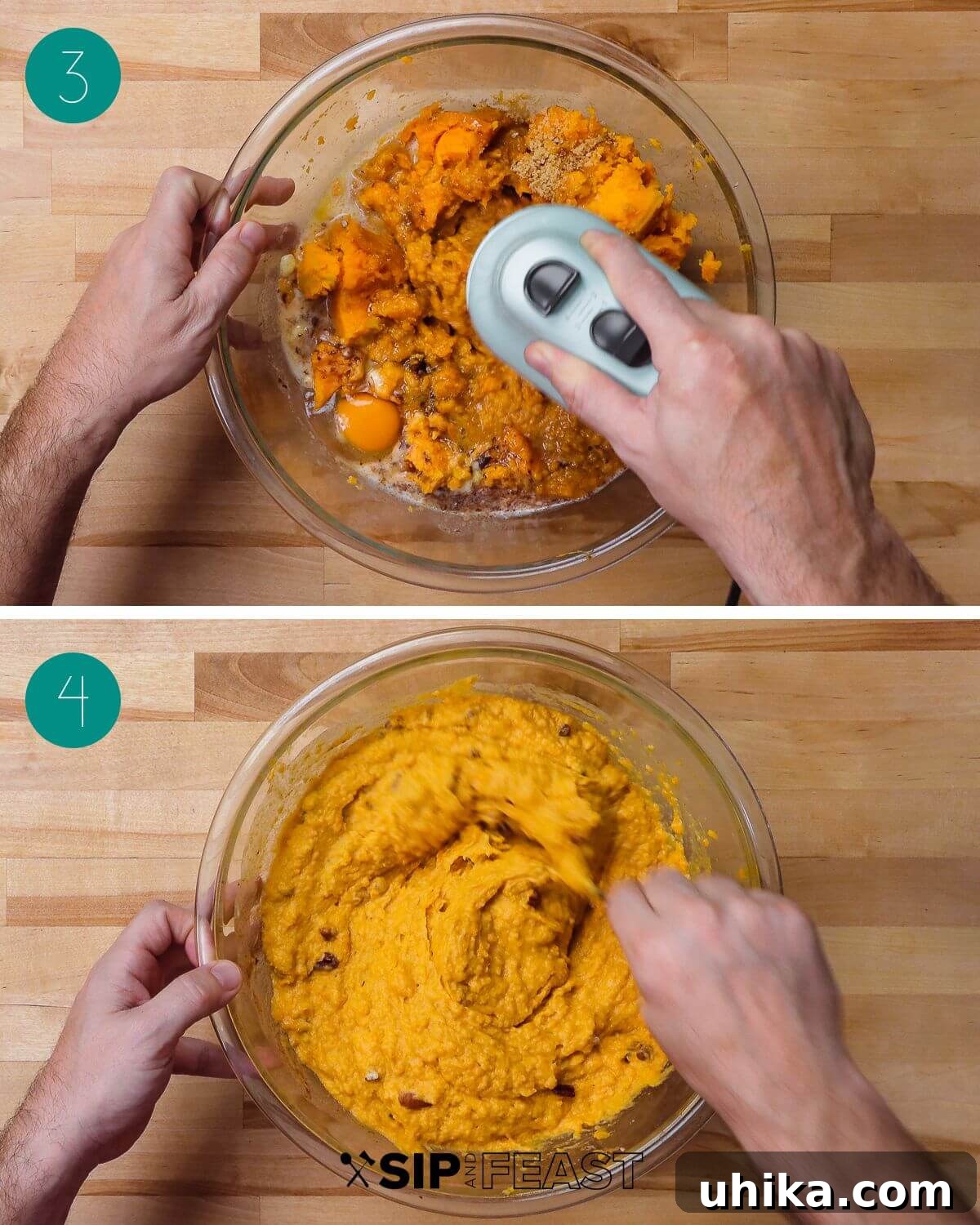 Sweet Potato Cloud with Pecan Crunch 5 Recipe process shot collage group number two showing mashed sweet potatoes in mixing bowl with eggs being beaten with electric mixer and mixing nuts into mixture with spoon.