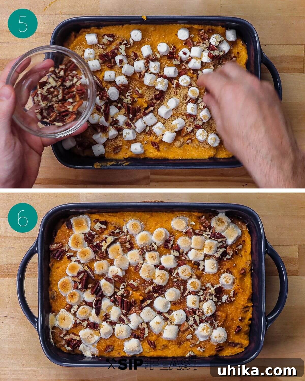 Sweet Potato Cloud with Pecan Crunch 6 Recipe process shot collage group number three with unbaked casserole being topped with pecans and final shot of baked casserole.
