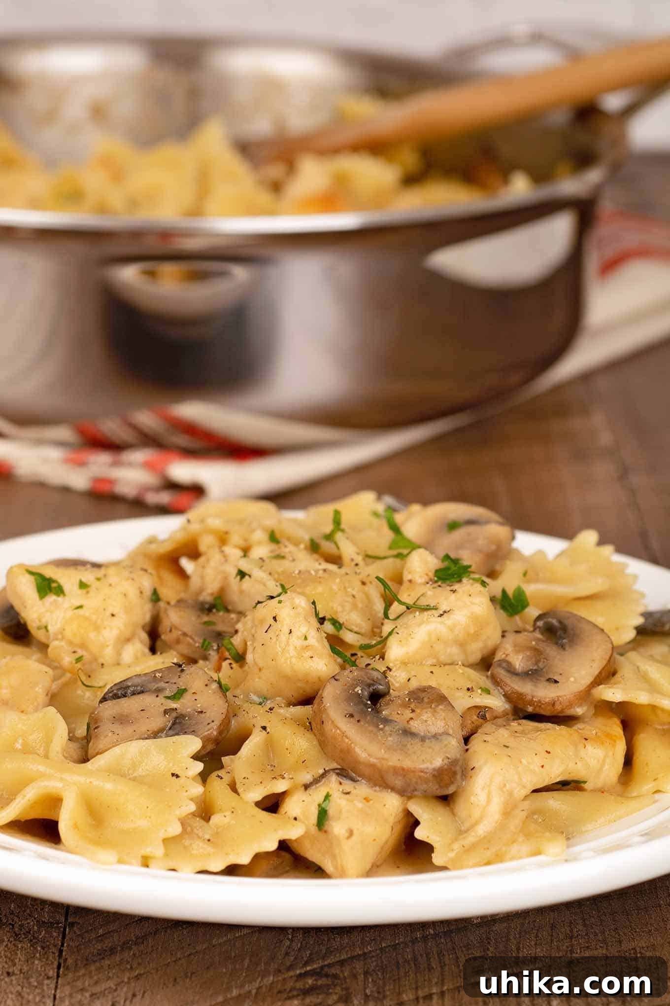 Tuscan Chicken and Mushroom Farfalle 2 A vibrant plate of farfalle pasta generously combined with tender chicken pieces, earthy mushrooms, and a luxurious creamy sherry sauce, with more delicious pasta visible in a sauté pan in the soft background.