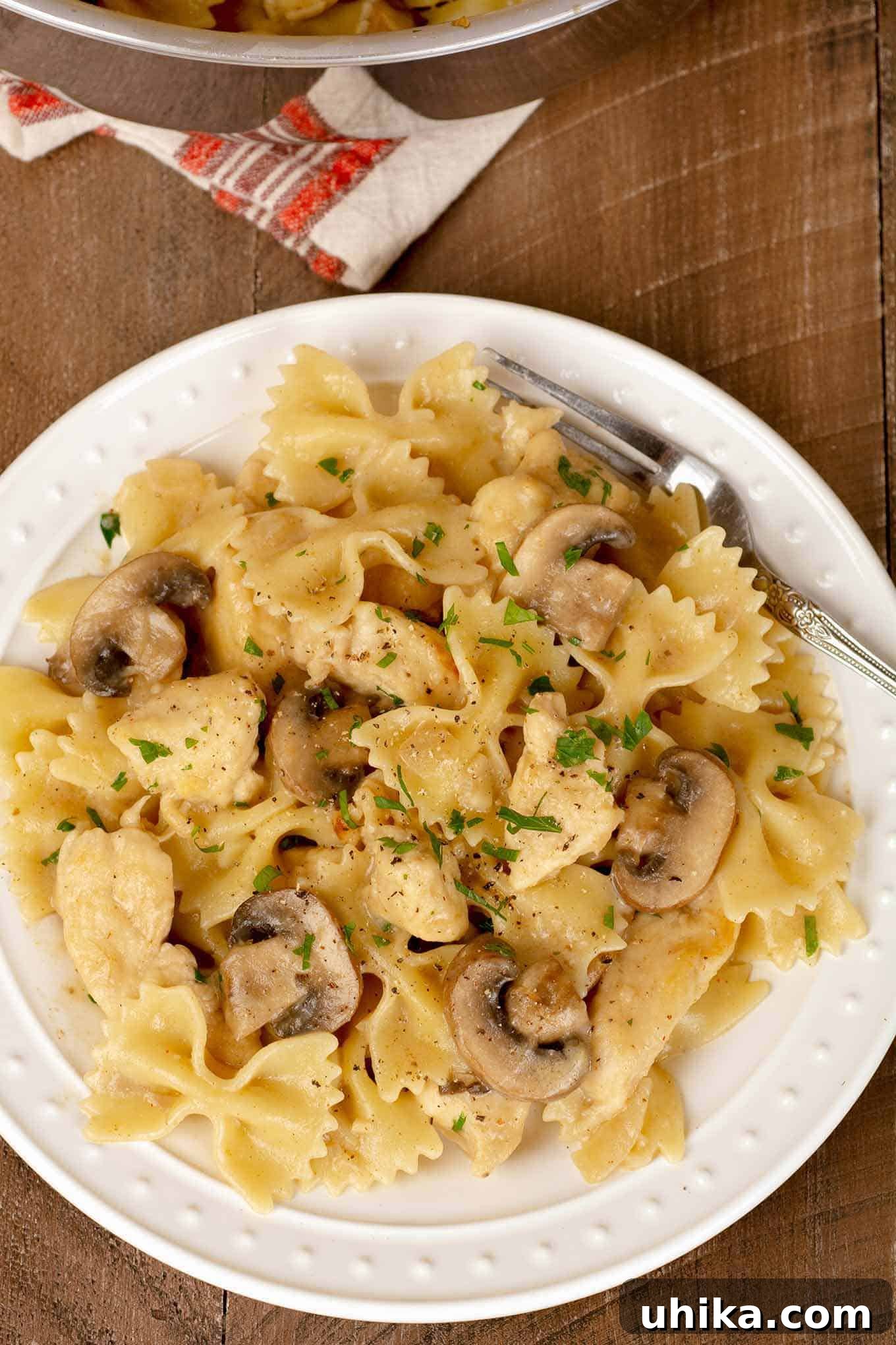 Tuscan Chicken and Mushroom Farfalle 3 A beautifully plated serving of bow tie pasta, tender chicken chunks, and perfectly sliced mushrooms, all coated in a luscious Marsala or sherry cream sauce and garnished with fresh chopped parsley.