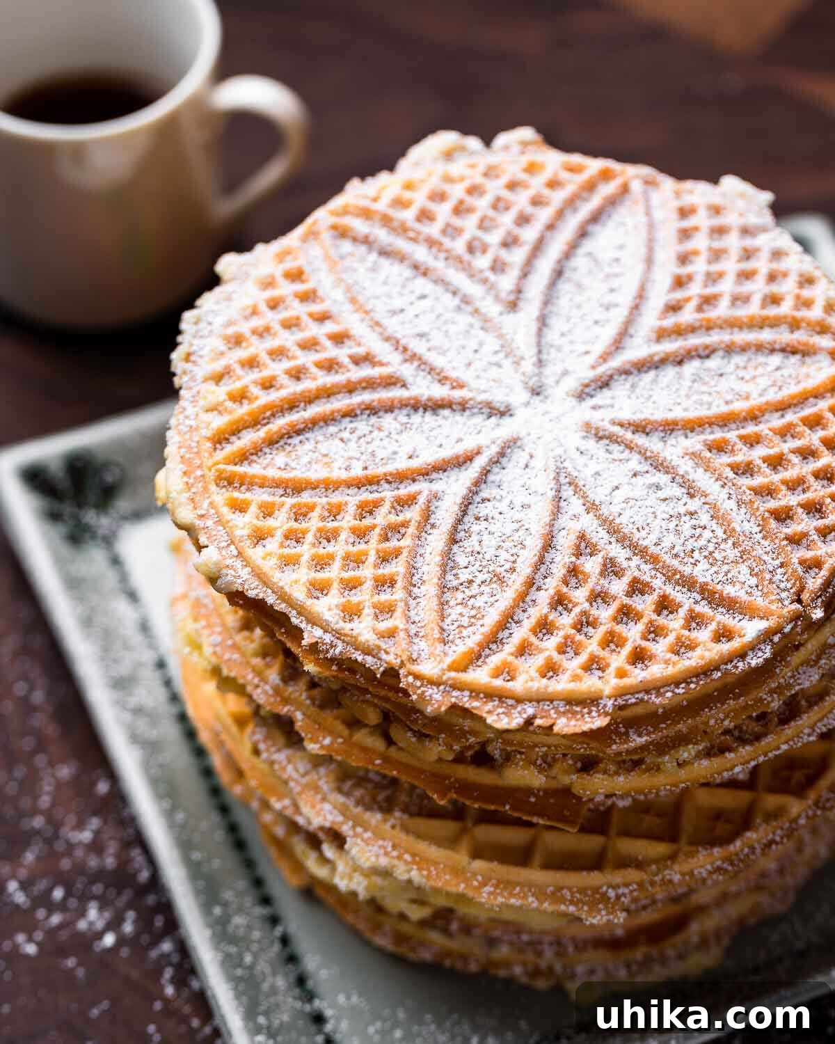 Crisp Italian Delights 2 Stack of pizzelles with coffee mug in background, emphasizing their delicate texture and golden-brown hue, perfect for a cozy moment.