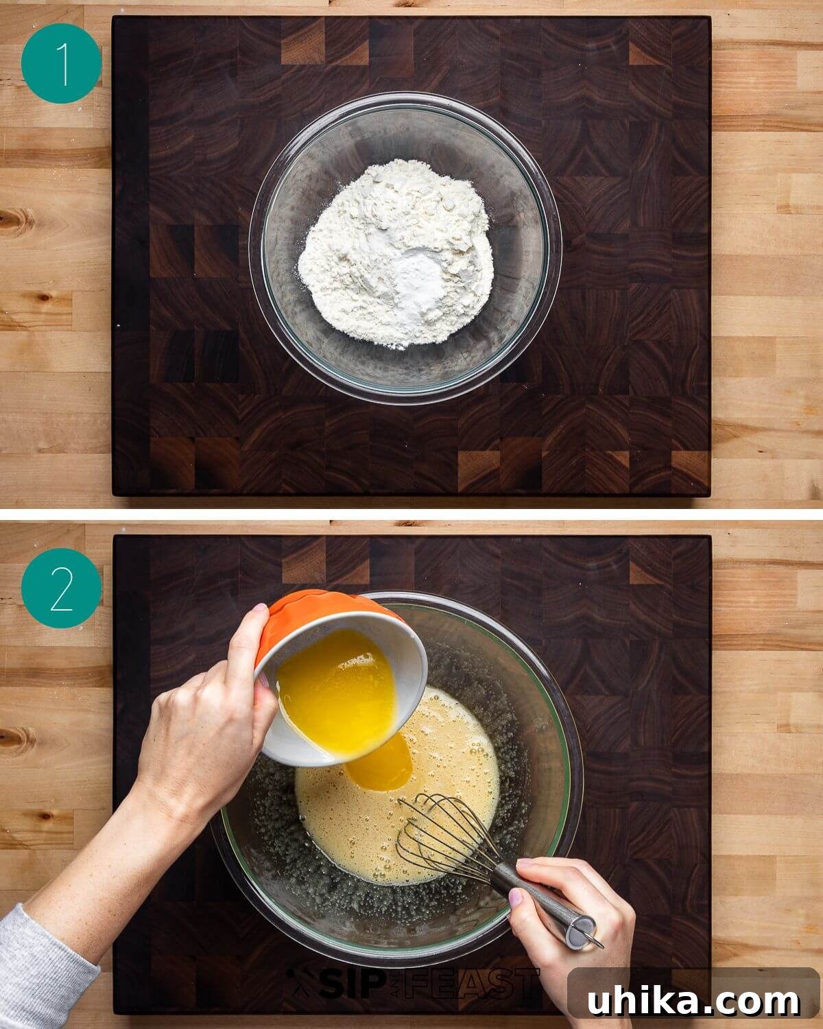 Crisp Italian Delights 4 Pizelle recipe process shot collage group number one, illustrating the initial steps of mixing dry and wet ingredients.