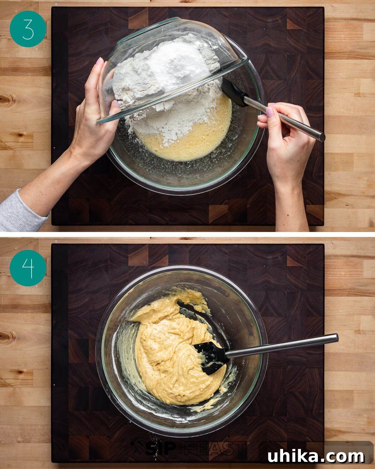 Crisp Italian Delights 5 Recipe process shot collage group number two, showing the incorporation of wet and dry ingredients into a thick batter.