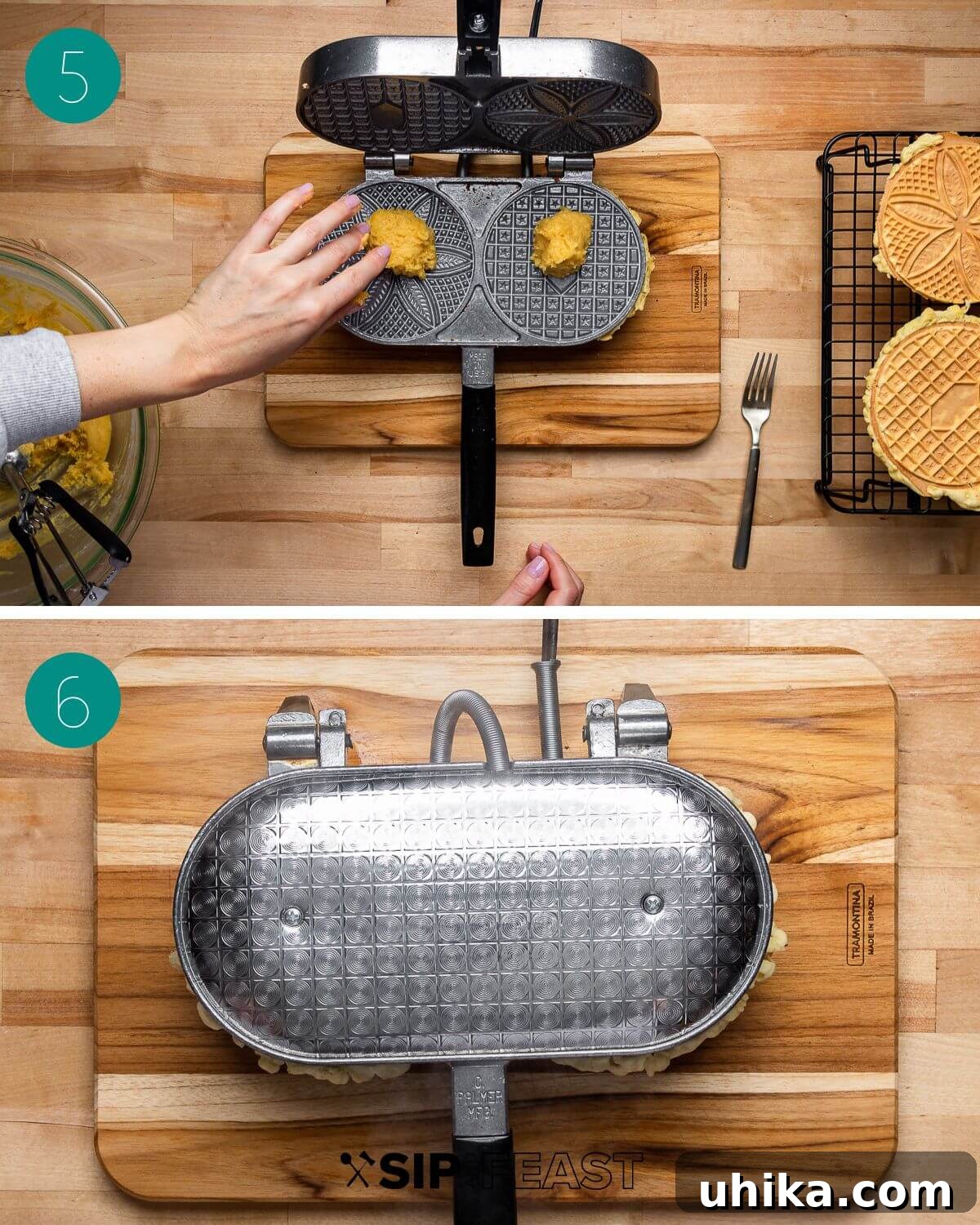 Crisp Italian Delights 6 Recipe process shot collage group number three, demonstrating how to scoop and place the thick pizzelle batter onto the iron.