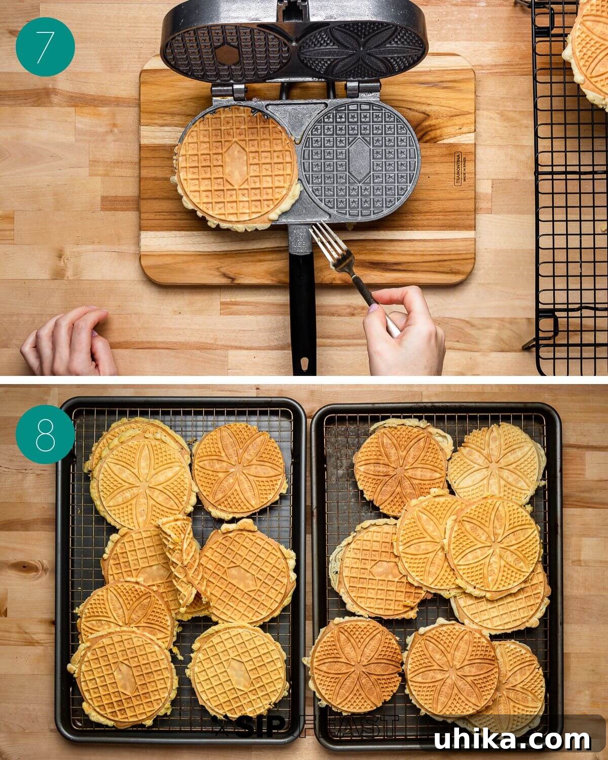 Crisp Italian Delights 7 Recipe process shot collage group number four, showing cooked pizzelle being removed from the iron and placed on a cooling rack.