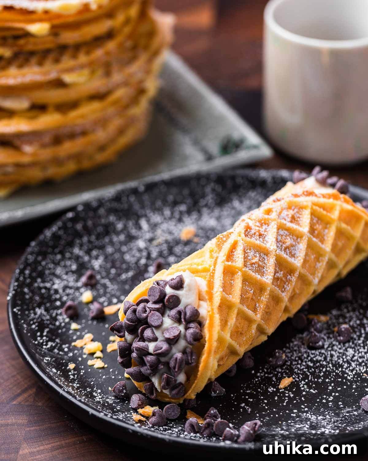 Crisp Italian Delights 8 Pizzelle cannoli on black plate with coffee and stack of pizzelles in the background, showcasing a delightful dessert creation.