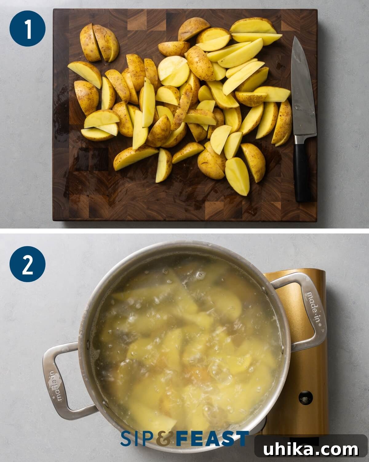 Golden Garlic Lemon Roasters 4 Crispy roasted potatoes recipe process collage group one showing the ideal size of cut potatoes and the initial boiling in a pot.