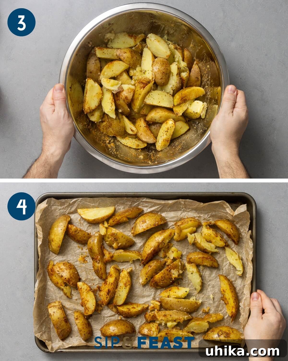 Golden Garlic Lemon Roasters 5 Recipe collage two showing the process of mixing seasoned potatoes in a large bowl and then spreading them onto a parchment paper-lined baking sheet.