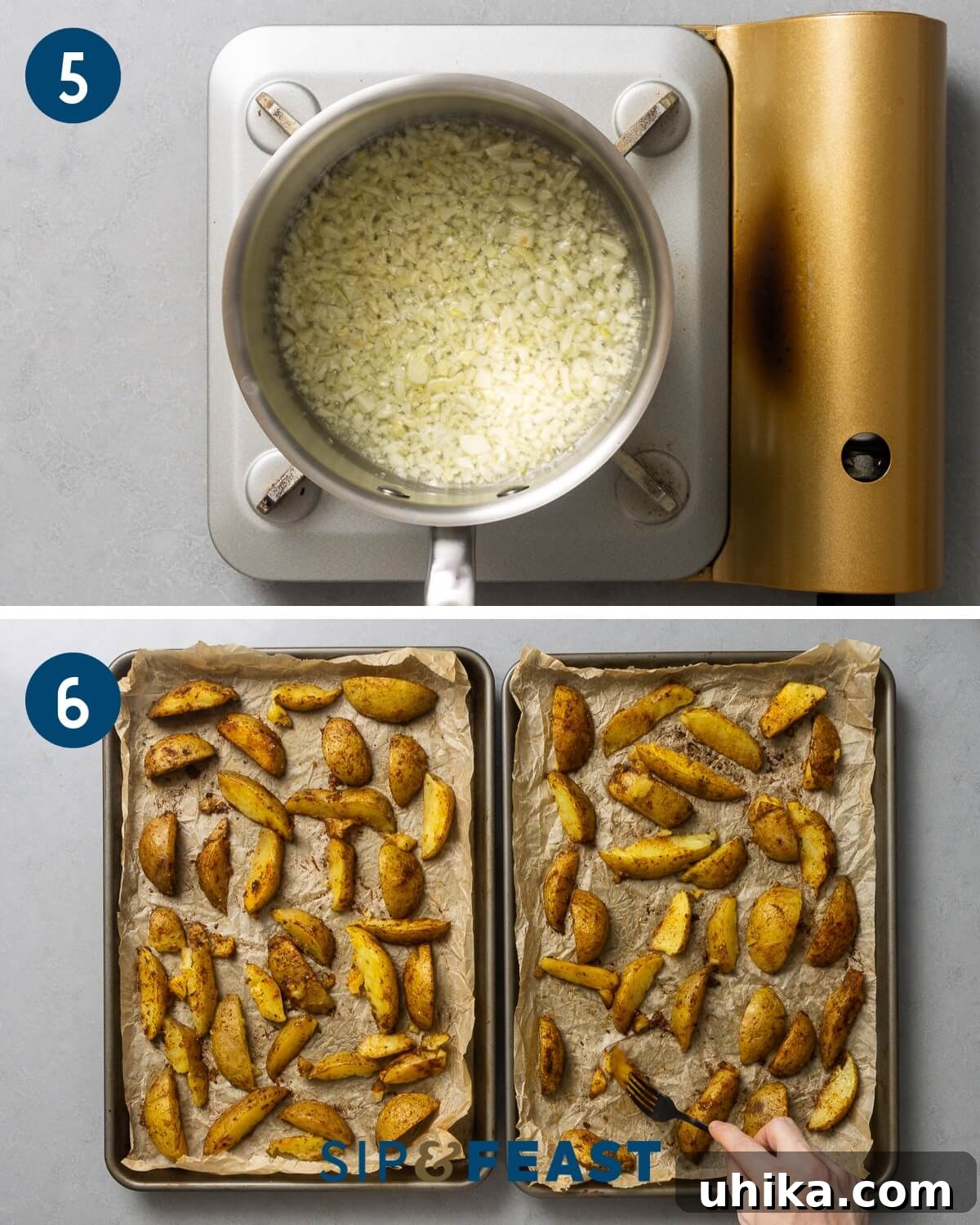 Golden Garlic Lemon Roasters 6 Recipe collage three showing the sauteing of garlic in a small saucepot and the first flip of potatoes on a baking sheet.