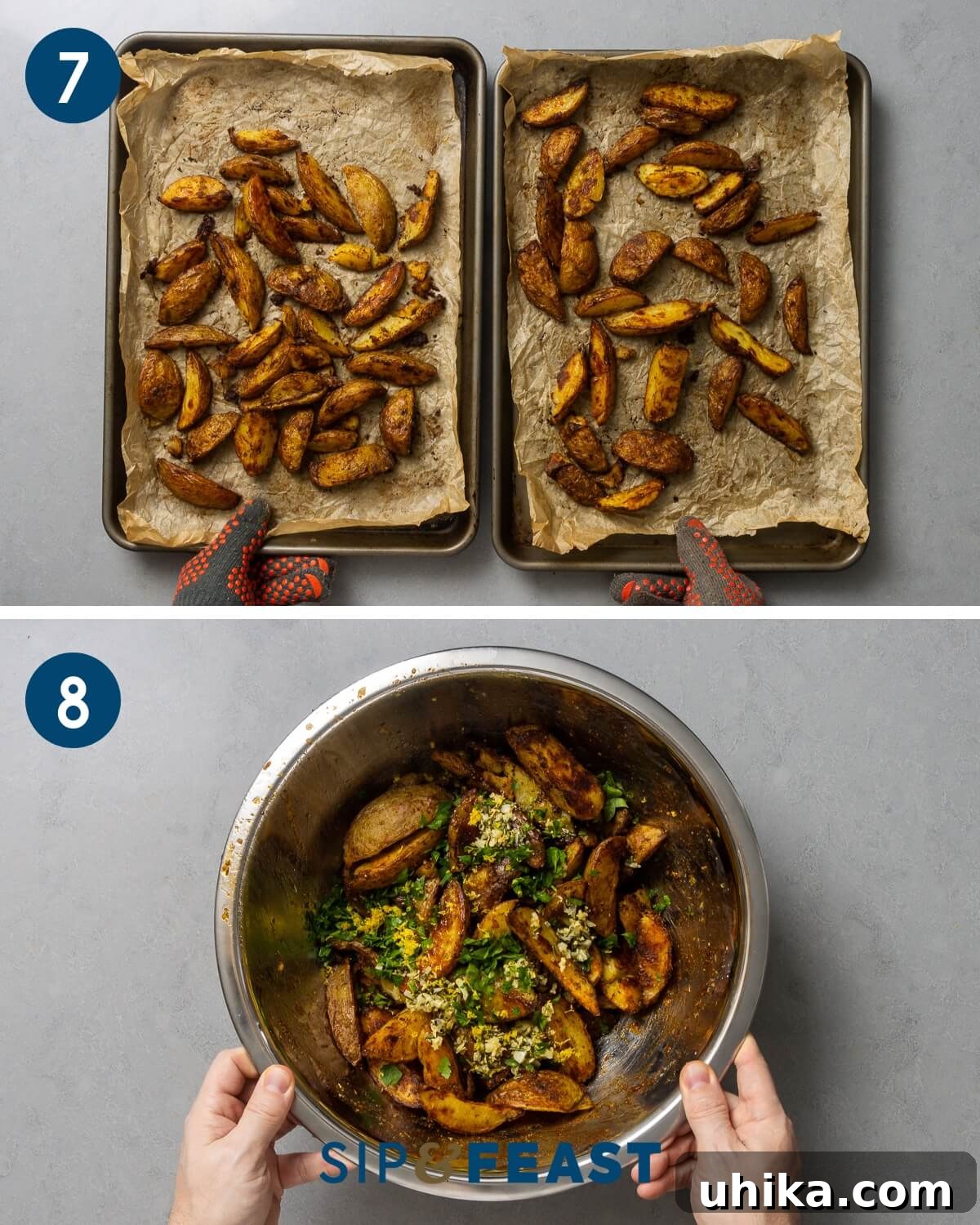 Golden Garlic Lemon Roasters 7 Collage four showing perfectly cooked and crispy potatoes on baking sheets and the process of tossing them with garlic and herbs.