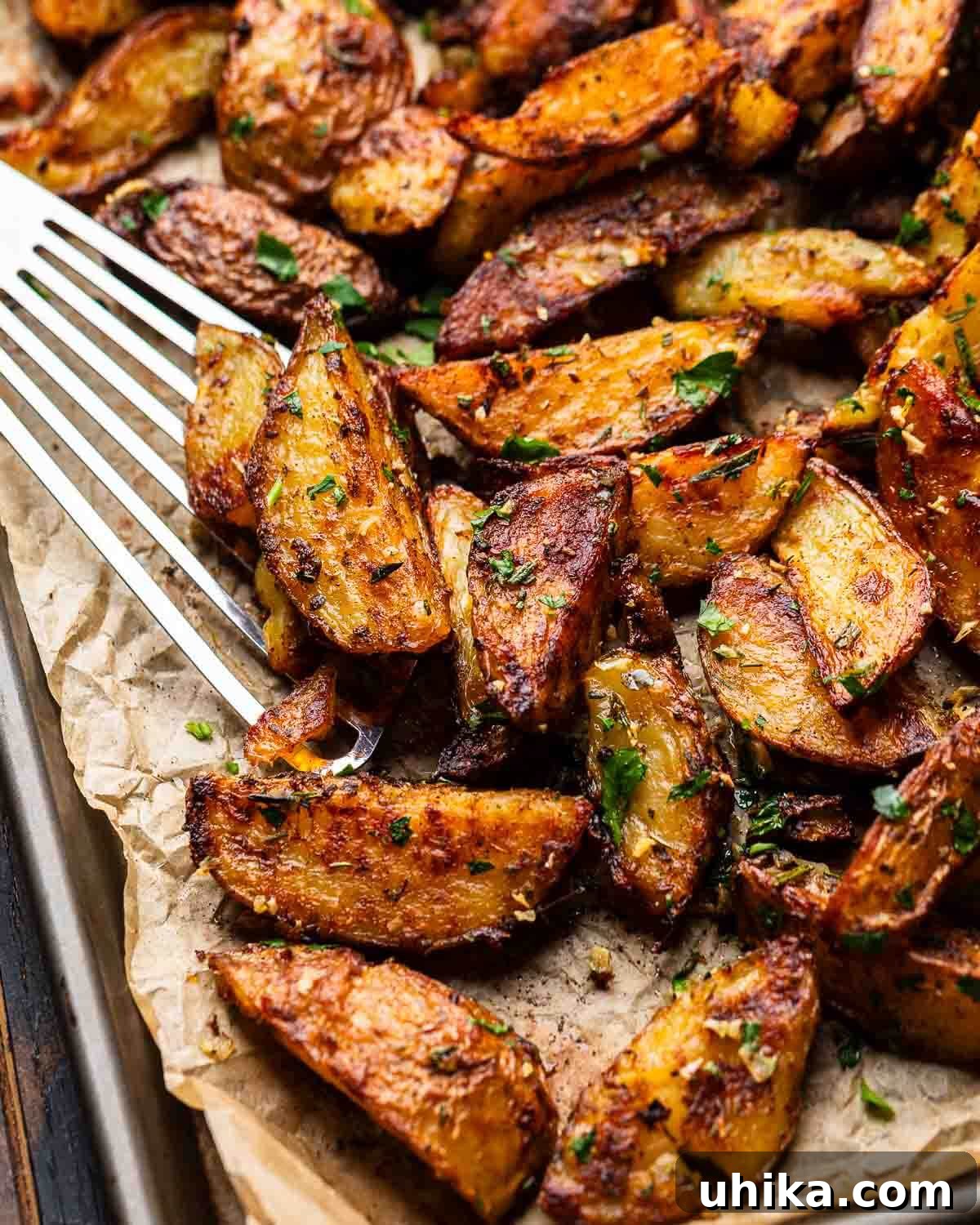 Golden Garlic Lemon Roasters 8 Baking sheet filled with golden-brown, crispy roasted potatoes, with a spatula poised to serve.