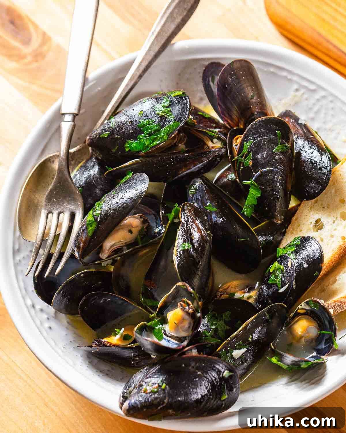 Wine-Infused Mussels 2 A generous serving of fresh mussels in white wine sauce presented in a pristine white plate, garnished with vibrant green parsley.