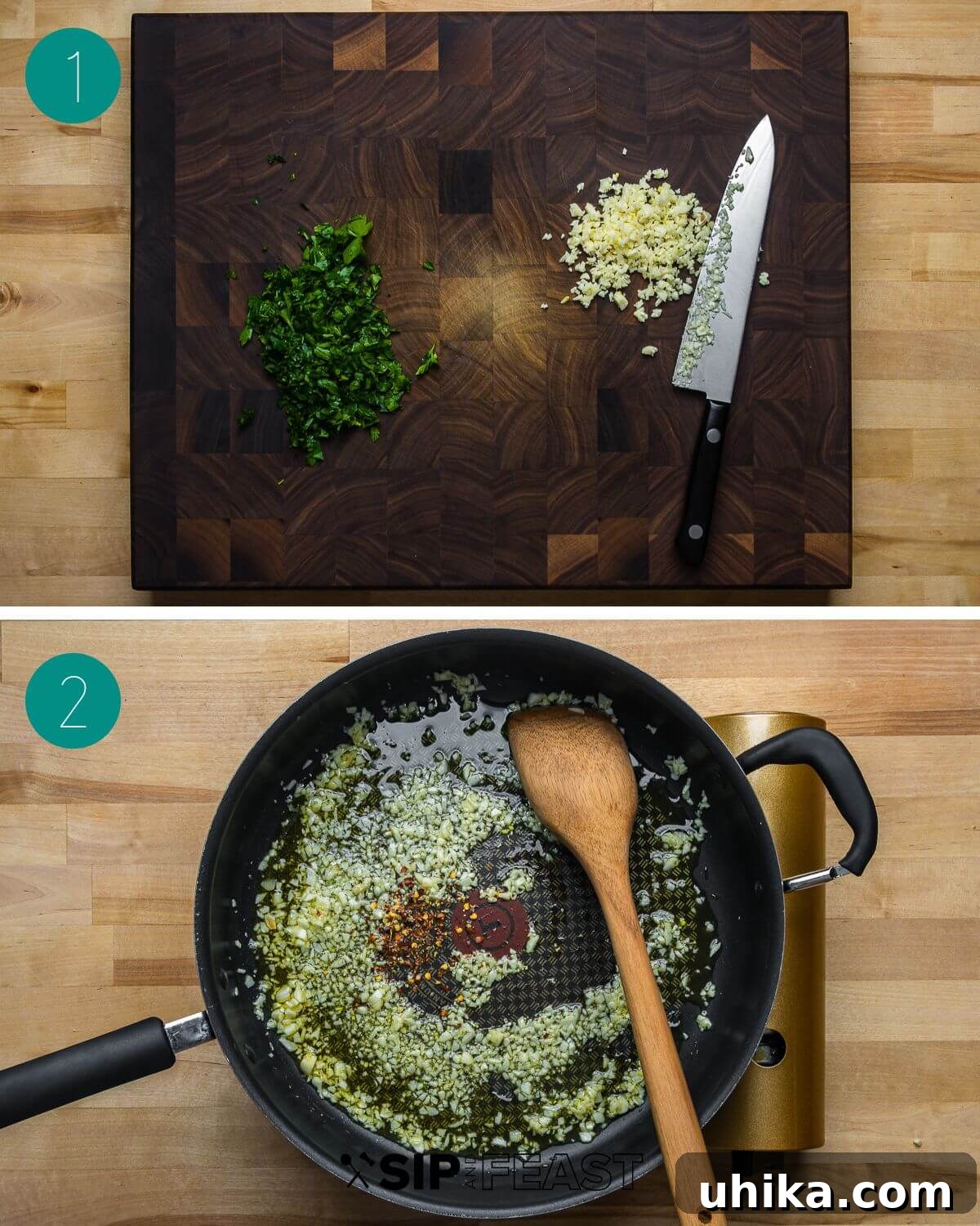 Wine-Infused Mussels 4 A two-panel collage showing the initial preparation steps for mussels in white wine sauce: first, scrubbing and cleaning mussels, and second, mincing garlic and fresh parsley.