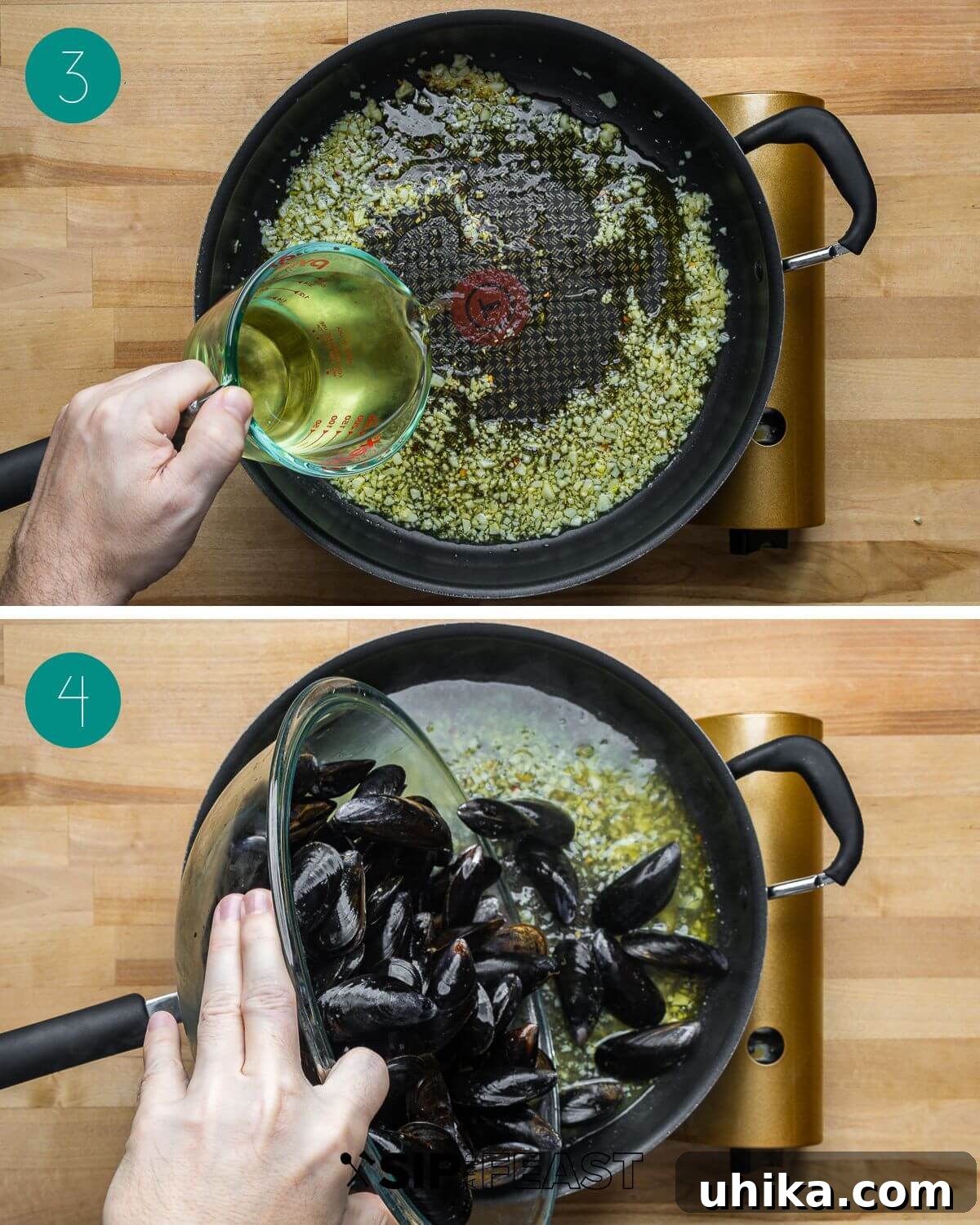 Wine-Infused Mussels 5 A two-panel collage illustrating the next steps of the recipe: first, garlic being sautéed in olive oil in a large pan, and second, dry white wine being added to the pan and brought to a boil.