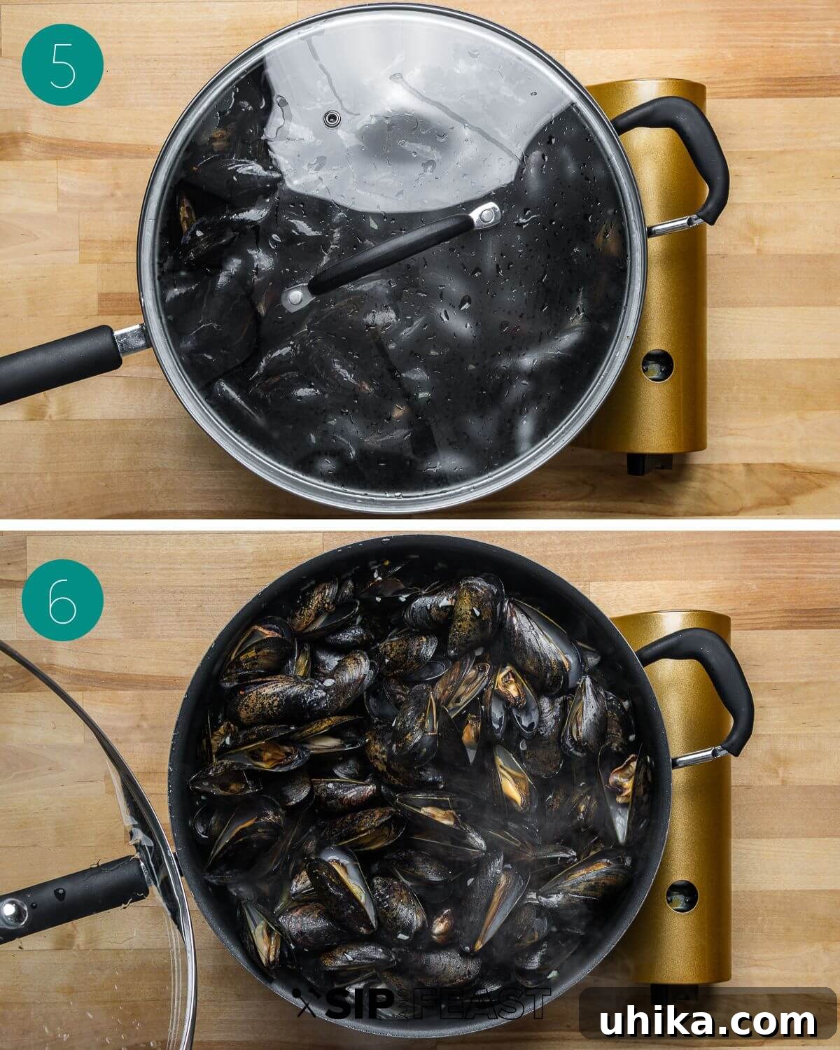Wine-Infused Mussels 6 A two-panel collage showing the process of steaming mussels: first, cleaned mussels being added to a large pan with the simmering sauce, and second, the pan covered with a lid to allow the mussels to steam open.