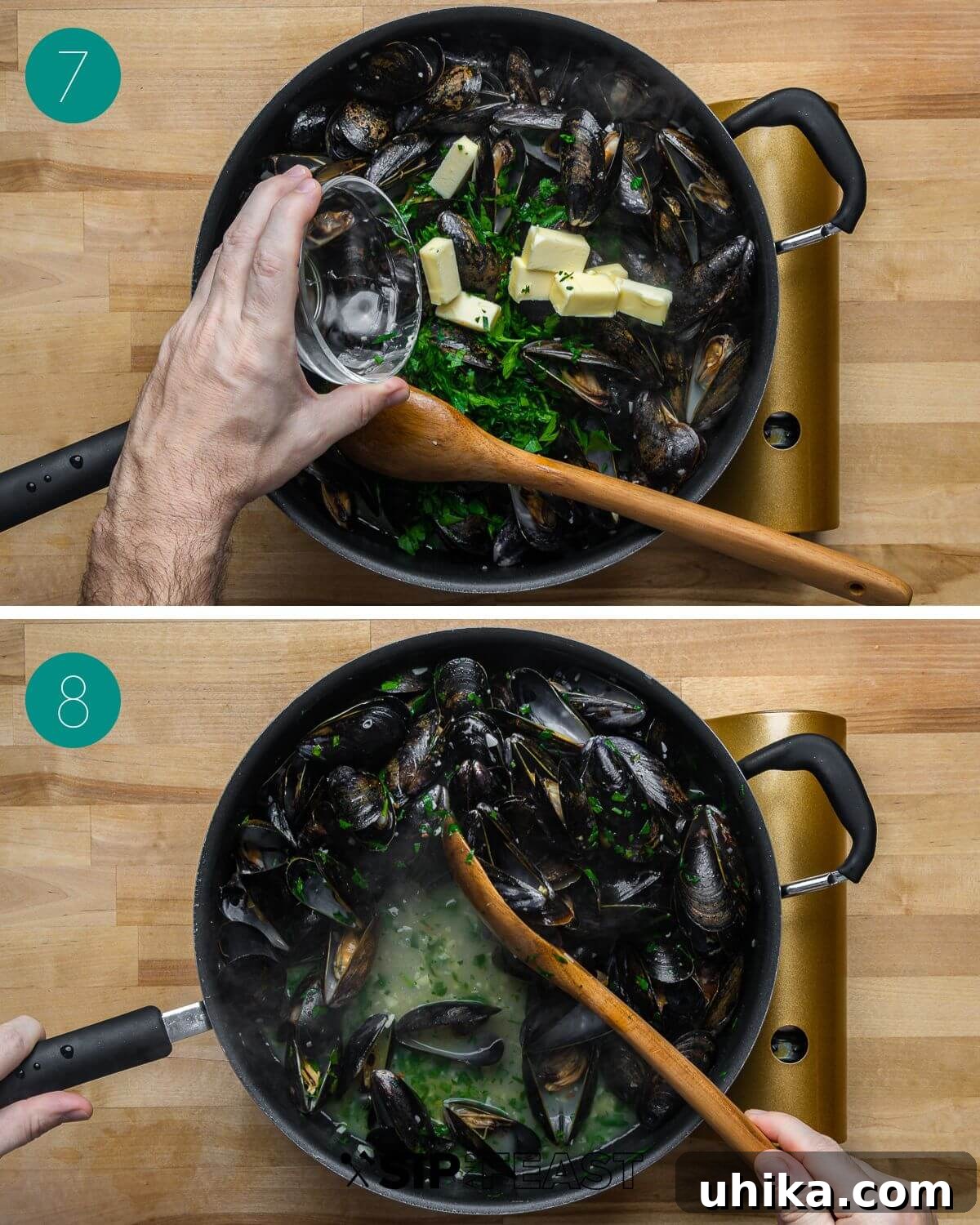 Wine-Infused Mussels 7 A two-panel collage showcasing the final steps of the recipe: first, the pan with opened mussels after steaming, and second, unsalted butter and minced parsley being added to the pan and stirred into the sauce.