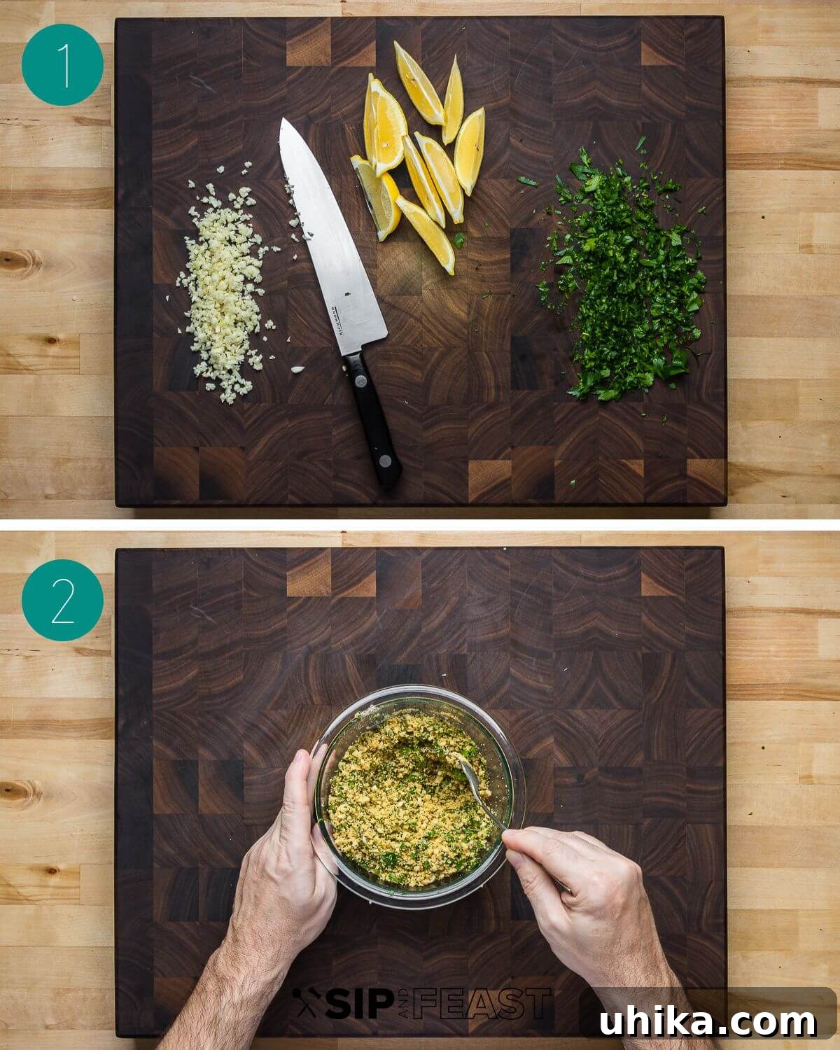 Golden Oregano Crusted Salmon 4 Collage showing the first steps of Salmon Oreganata preparation: mincing garlic, chopping parsley, and preparing lemon wedges.