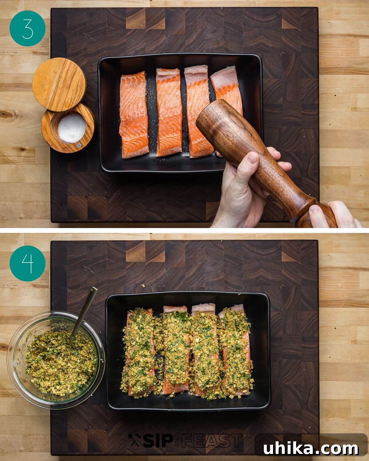 Golden Oregano Crusted Salmon 5 Collage showing the second set of steps for Salmon Oreganata: mixing breadcrumbs, seasoning salmon, and applying breadcrumb topping.