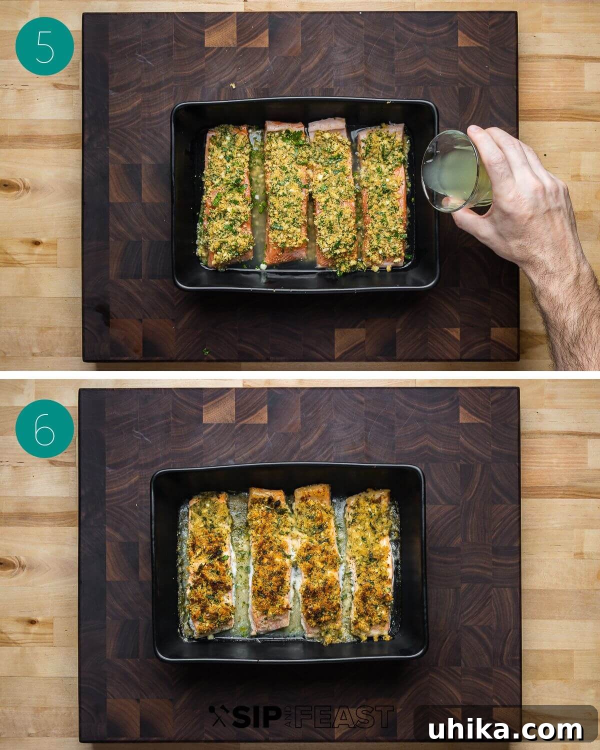 Golden Oregano Crusted Salmon 6 Collage showing the third set of steps for Salmon Oreganata: adding liquid to the baking dish around the salmon fillets.