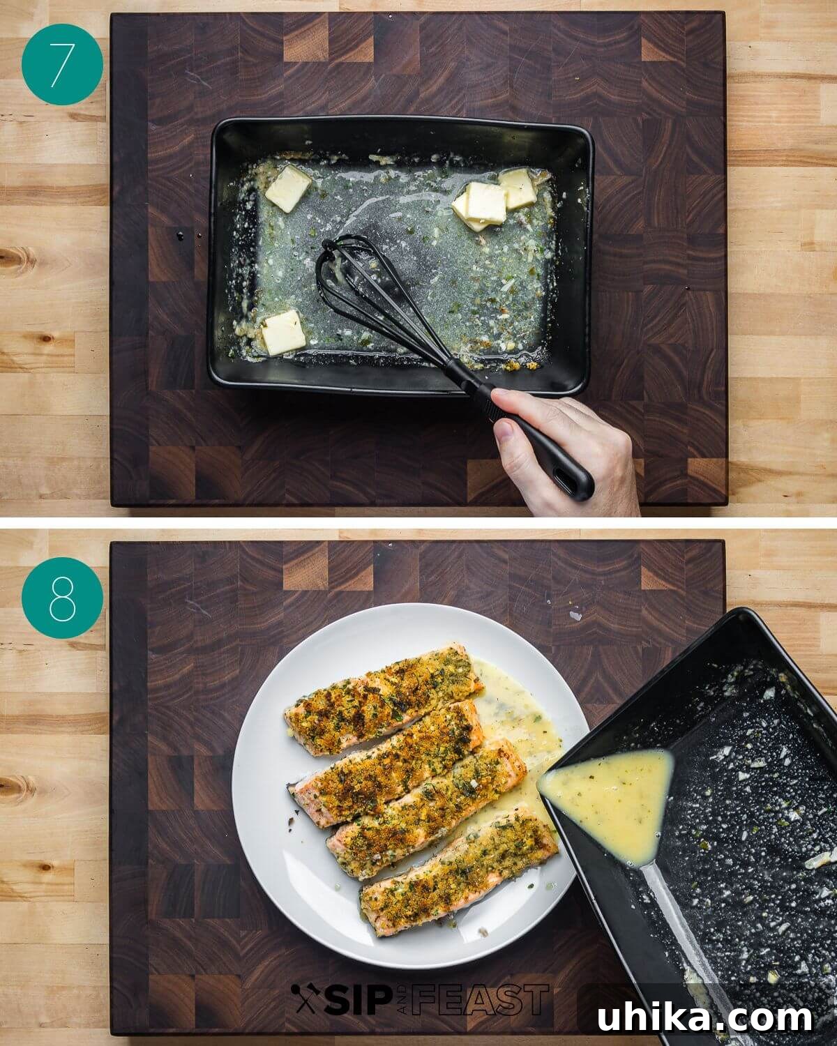 Golden Oregano Crusted Salmon 7 Collage showing the final steps of Salmon Oreganata: whisking butter into the sauce and serving salmon with lemon wedges.