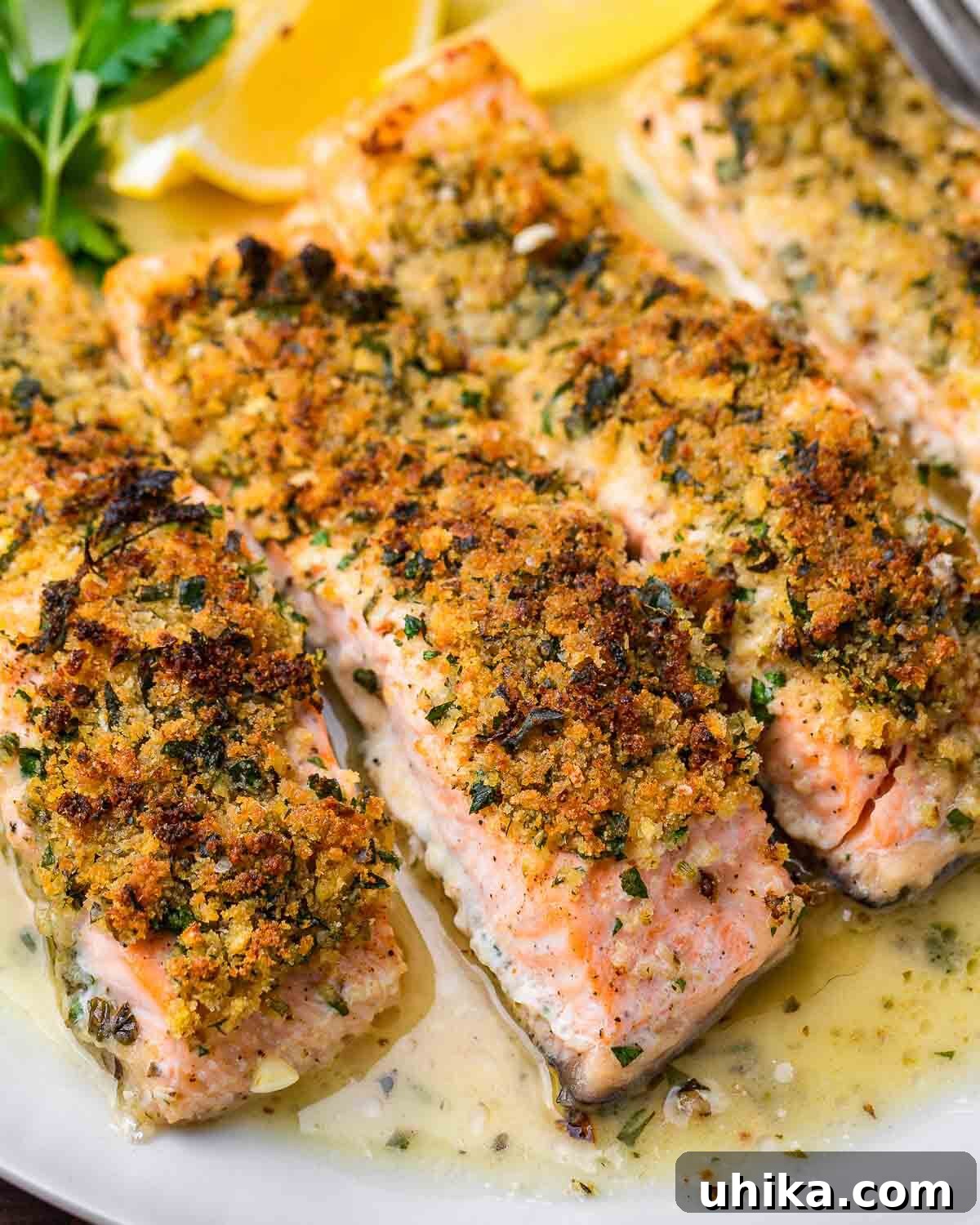 Golden Oregano Crusted Salmon 8 Four pieces of beautifully cooked Salmon Oreganata on a white plate, ready to be served.