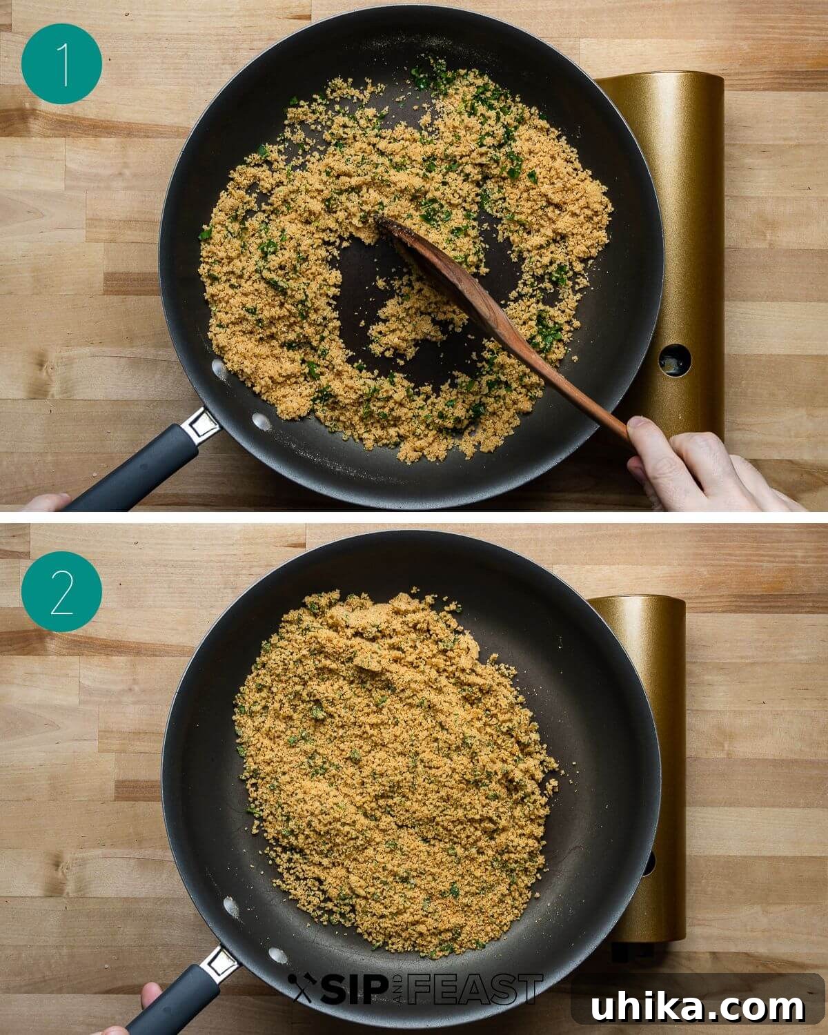 Easy Weeknight Clam Linguine 4 Seasoned breadcrumbs process shot collage.
