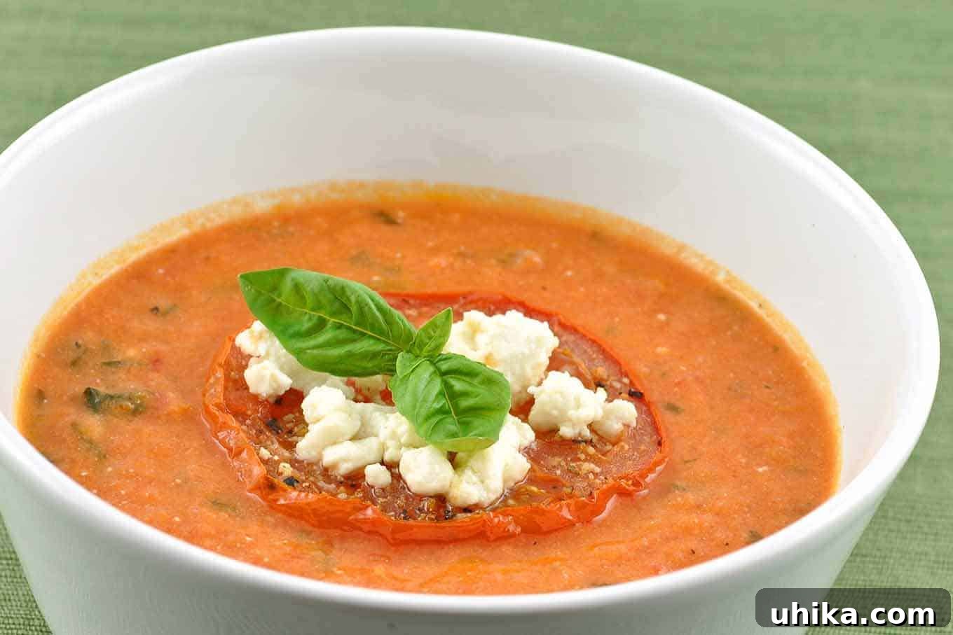 Creamy Tomato Soup with Goat Cheese, garnished with broiled tomato, goat cheese, and basil