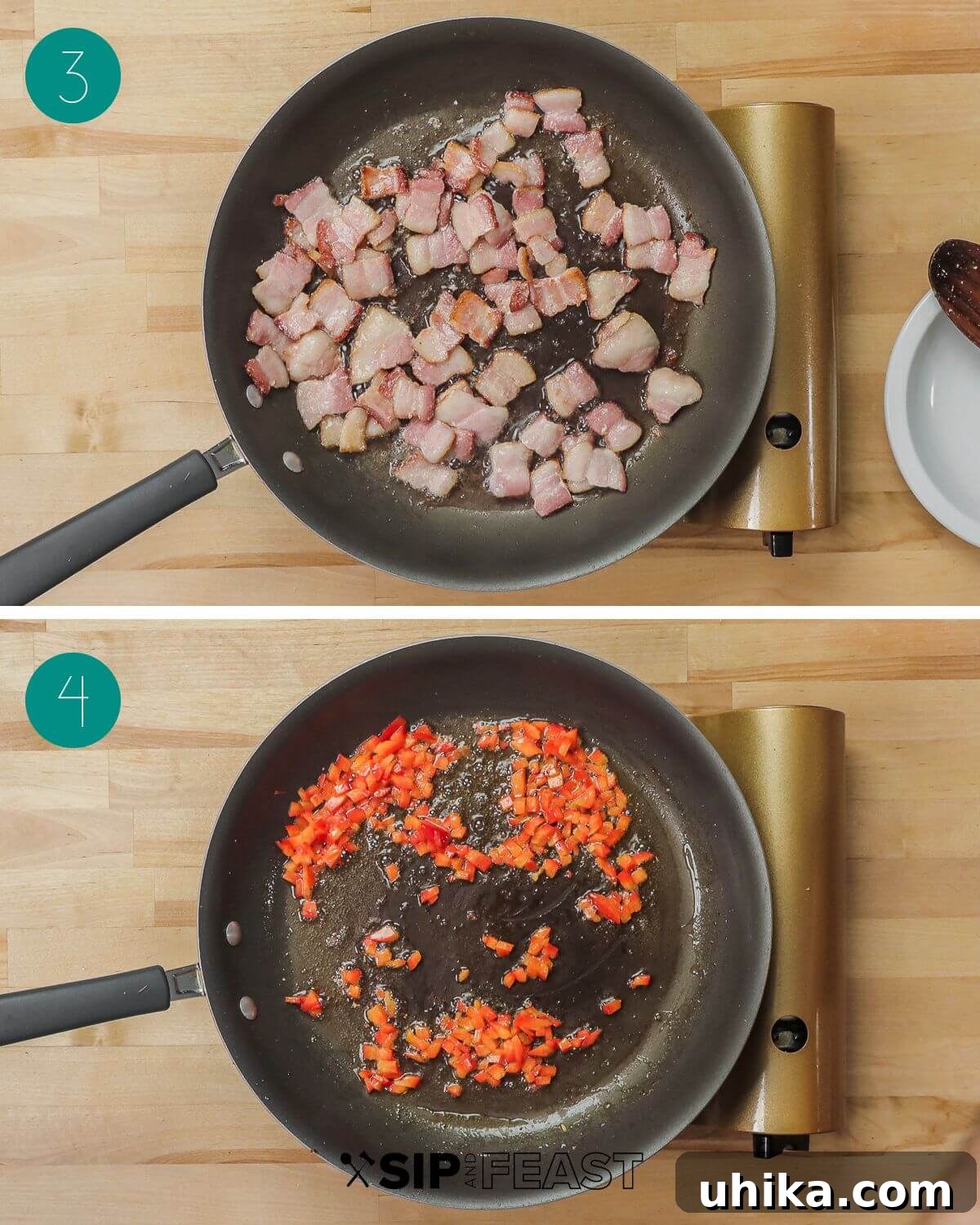Baked Clams Royale 5 A collage illustrating the process of cooking bacon and preparing the clam shells. Images show bacon sizzling in a pan and opened clam shells ready for stuffing.