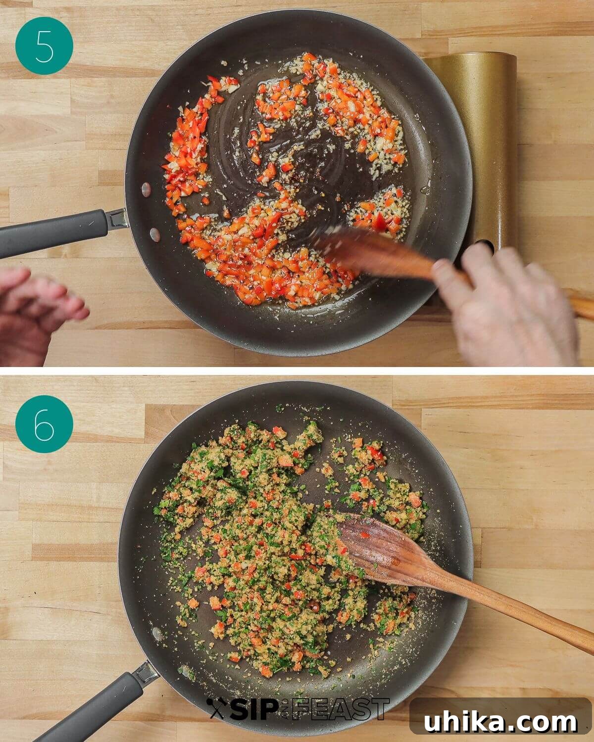 Baked Clams Royale 6 A collage detailing the creation of the clam casino stuffing. Images show bell pepper and garlic sautéing in bacon fat, followed by the addition of breadcrumbs and seasonings.