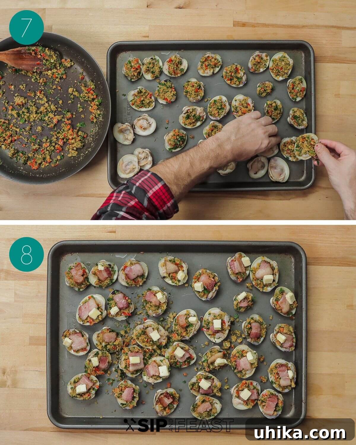Baked Clams Royale 7 A collage showcasing the final assembly of Clams Casino before broiling. Images display clams being stuffed with the breadcrumb mixture, topped with bacon and butter.