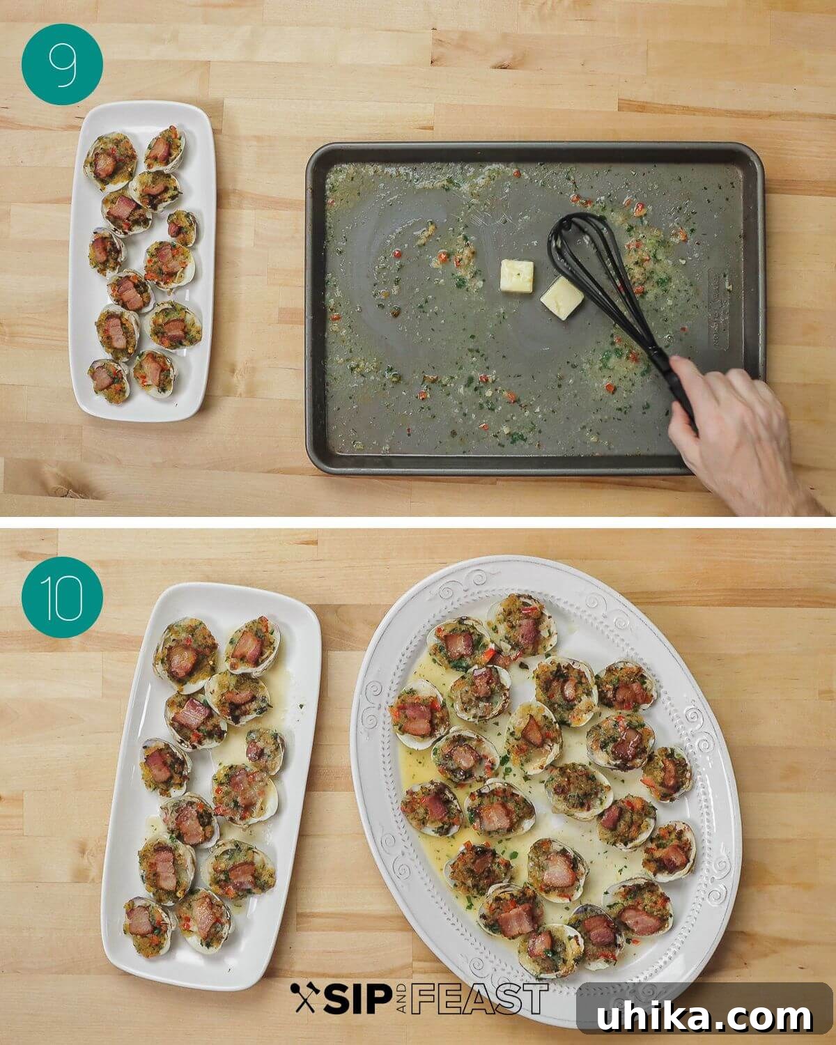 Baked Clams Royale 8 A collage detailing the final steps of cooking Clams Casino. Images show clams broiling in the oven, followed by the pan juices being whisked with butter, and the finished dish being plated.