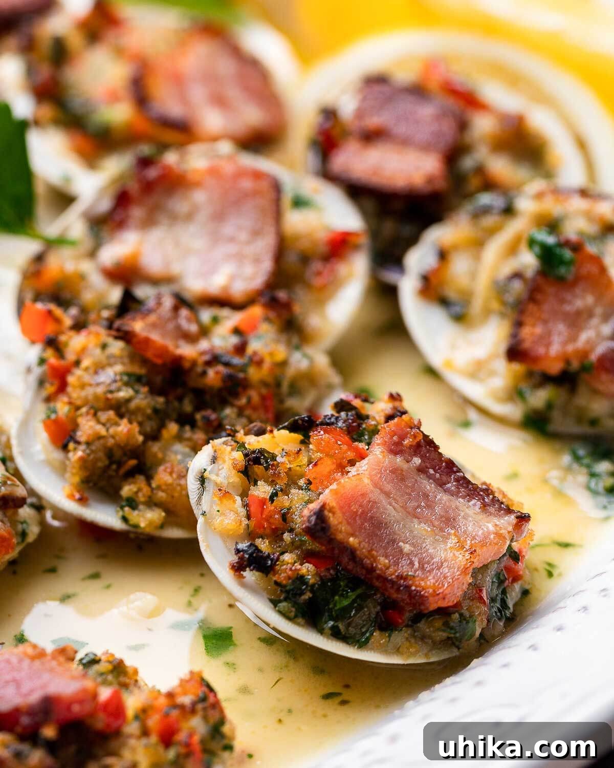 Baked Clams Royale 10 A close-up shot of Clams Casino on a white plate, highlighting the crispy bacon, golden breadcrumbs, and tender clam meat, inviting viewers to savor the rich details.