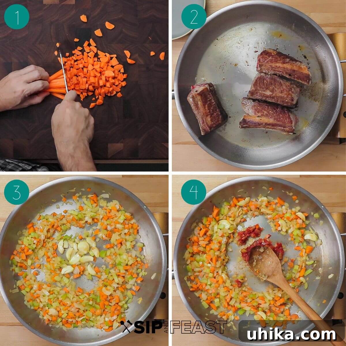 Fall-Off-The-Bone Short Ribs 4 A collage showing the preparation of braised short ribs: diced carrots, short ribs searing in a pan, and a mix of vegetables with tomato paste cooking.