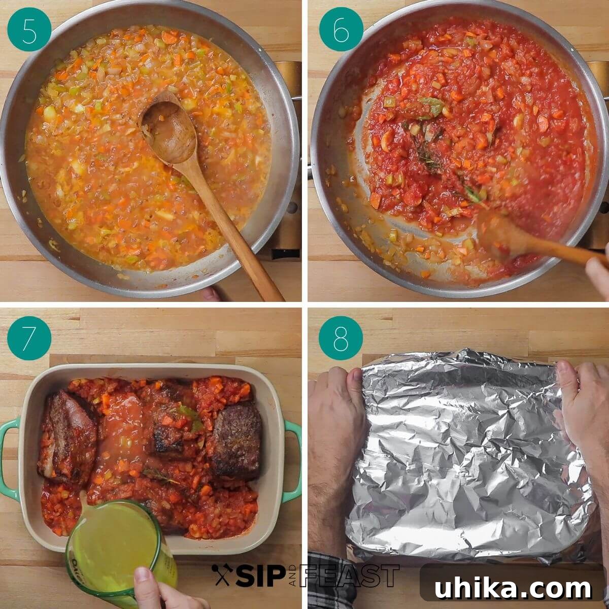 Fall-Off-The-Bone Short Ribs 5 A collage showing the braised short ribs cooking process: vegetables cooking with white wine, tomatoes added to the sauce, short ribs in a baking dish with sauce, and the dish covered with foil for braising.