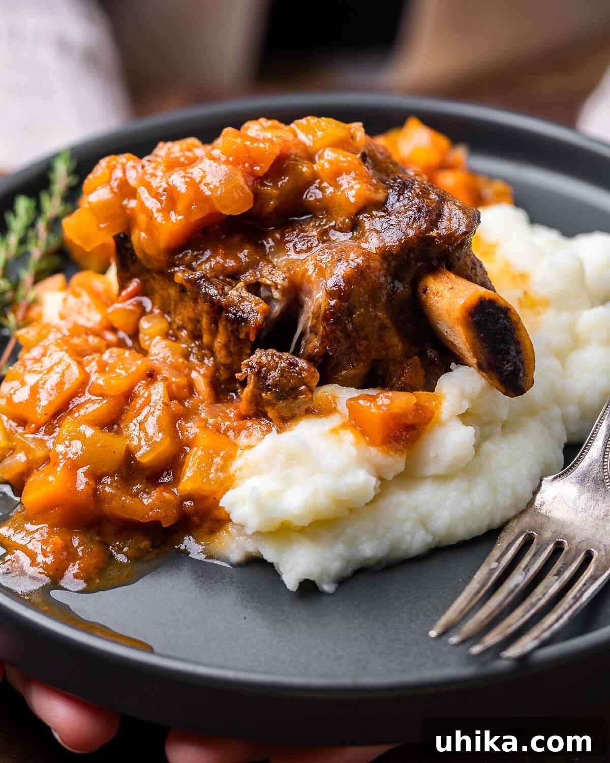Fall-Off-The-Bone Short Ribs 7 Hands are shown holding a plate featuring a beautifully braised short rib served over mashed potatoes, showcasing the perfect presentation for this comforting dish.