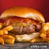 Mastering the Art of the Perfect Burger 4 A close view of a grilled burger topped with cheddar cheese, maple ketchup and grilled onions on a slate board, fries to the side.
