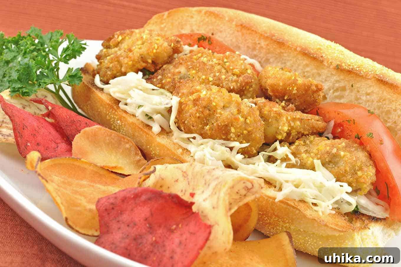 Golden Crispy Oyster Subs 2 A delectable pan-fried oyster po'boy sandwich, bursting with golden-brown oysters, ripe tomato slices, and a vibrant garlic-onion slaw, served on a white plate with crispy veggie chips on the side.