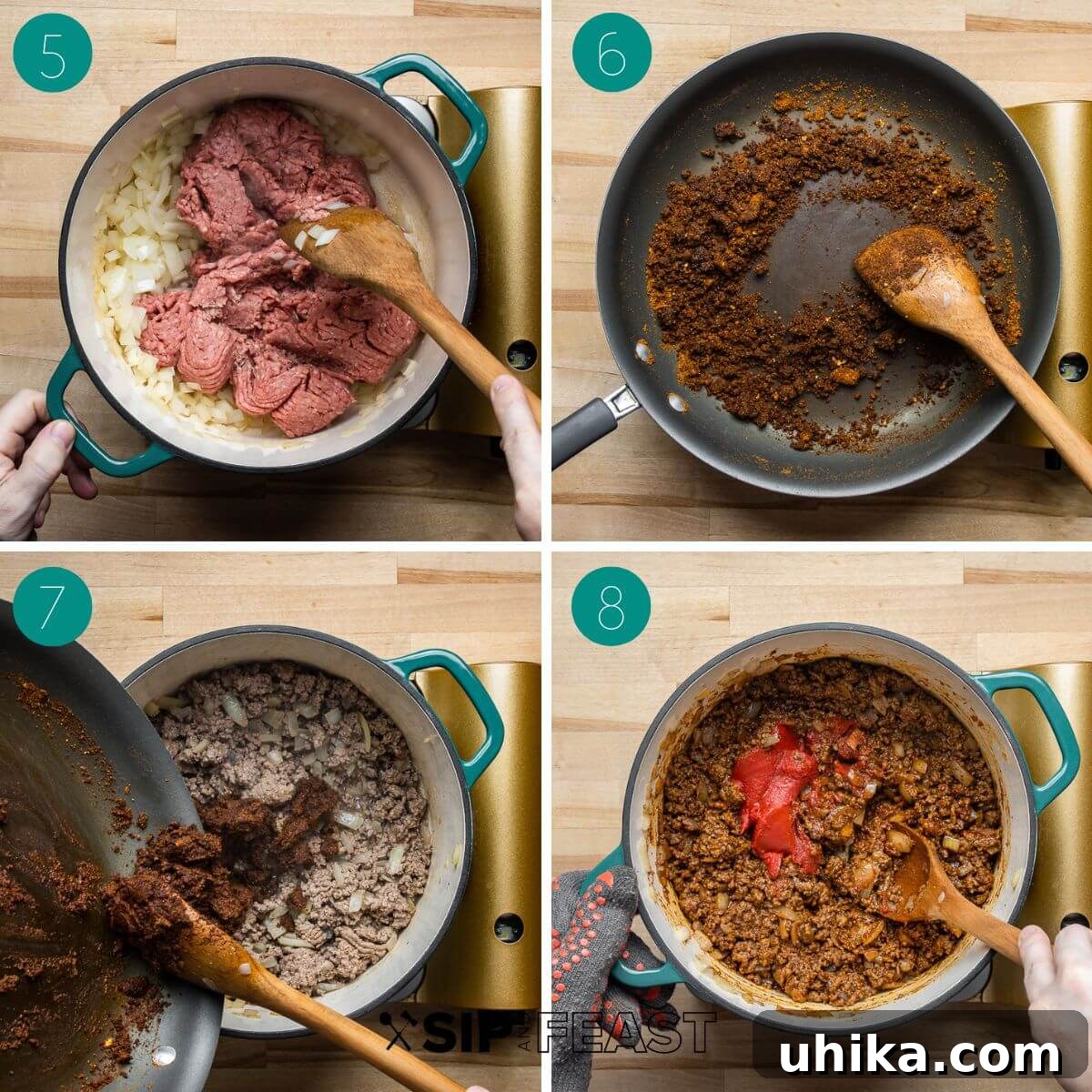 Hearty Classic Chili 5 Recipe process shot collage group number two with beef and onions in pot, spices cooked in pan being added to pot, tomato added to pot.