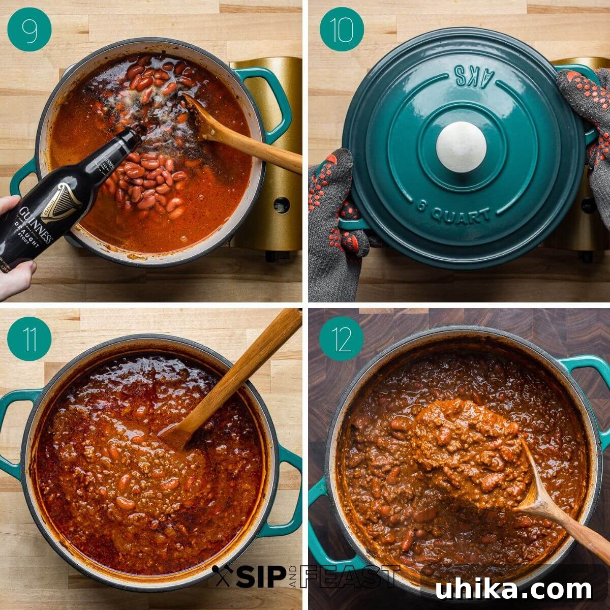 Hearty Classic Chili 6 Recipe process shot collage group number three with beans and guinness added to pot, pot with lid, pot after 75 minutes, finished chili.