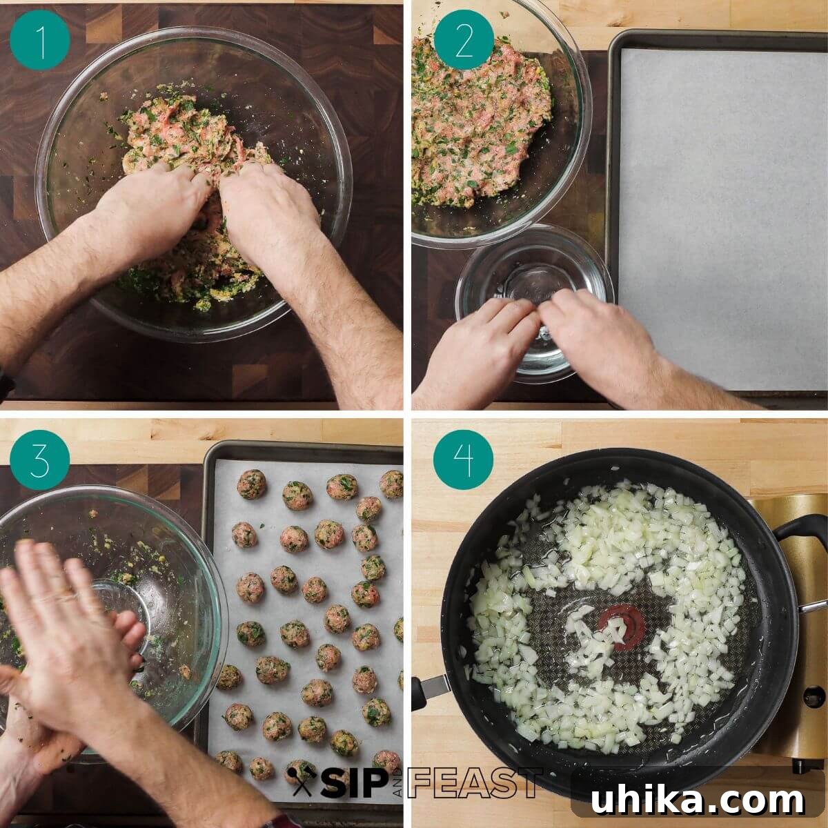 Cheesy Meatball Ziti Bake 5 A collage demonstrating the first phase of the baked ziti with meatballs recipe: combining ingredients, rolling tiny meatballs, and baking them to perfection.