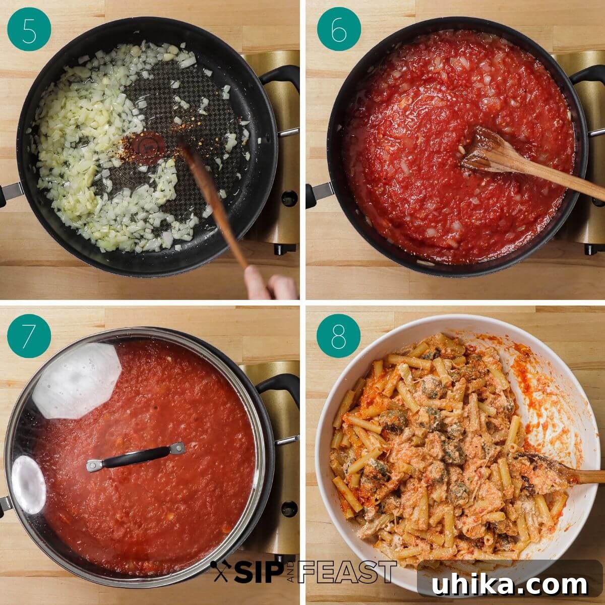 Cheesy Meatball Ziti Bake 6 A second collage illustrating the recipe's progression: sautéing onions and garlic, adding crushed tomatoes, and simmering a flavorful marinara sauce.