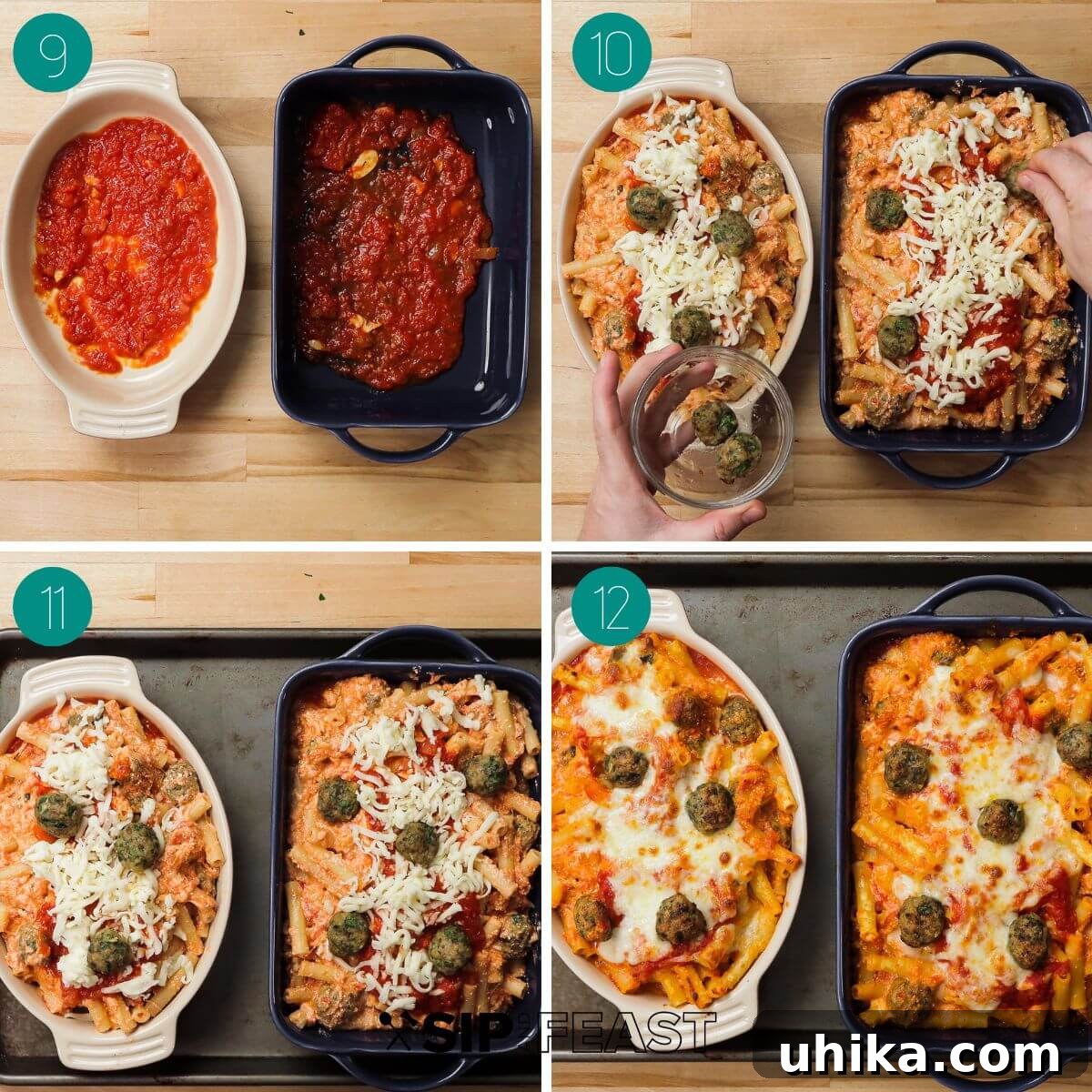 Cheesy Meatball Ziti Bake 7 A final recipe process shot collage showcasing the assembled baked ziti before baking, and its glorious, bubbly state after being removed from the oven.