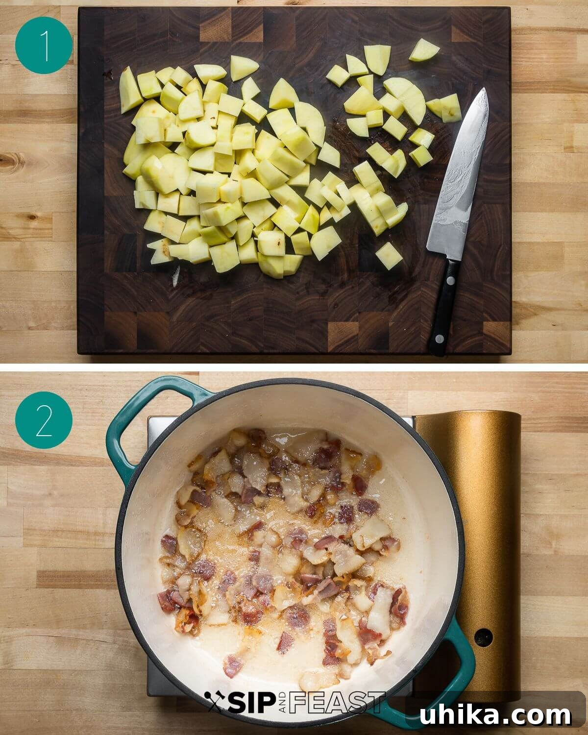 Hearty Loaded Potato Soup 4 The process of preparing baked potato soup, showing cubed potatoes, diced bacon, and sautéed onions and garlic in a pot.