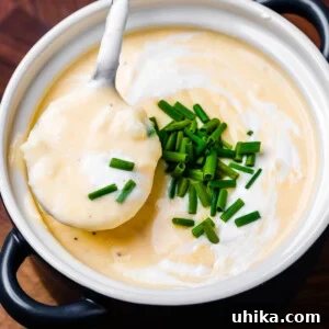 Hearty Loaded Potato Soup 8 Baked potato soup recipe featured image. A close-up of the delicious and creamy soup.