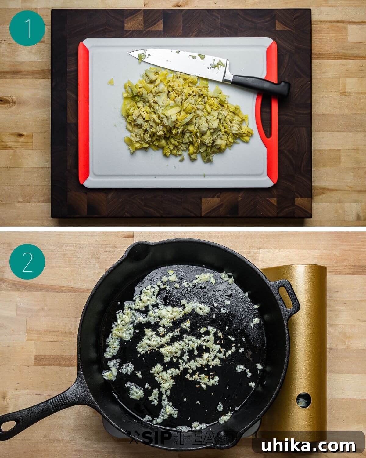 Irresistible Spinach Artichoke Dip 4 Collage of process shots showing spinach and artichoke hearts being prepared and drained, alongside minced garlic and grated cheeses.
