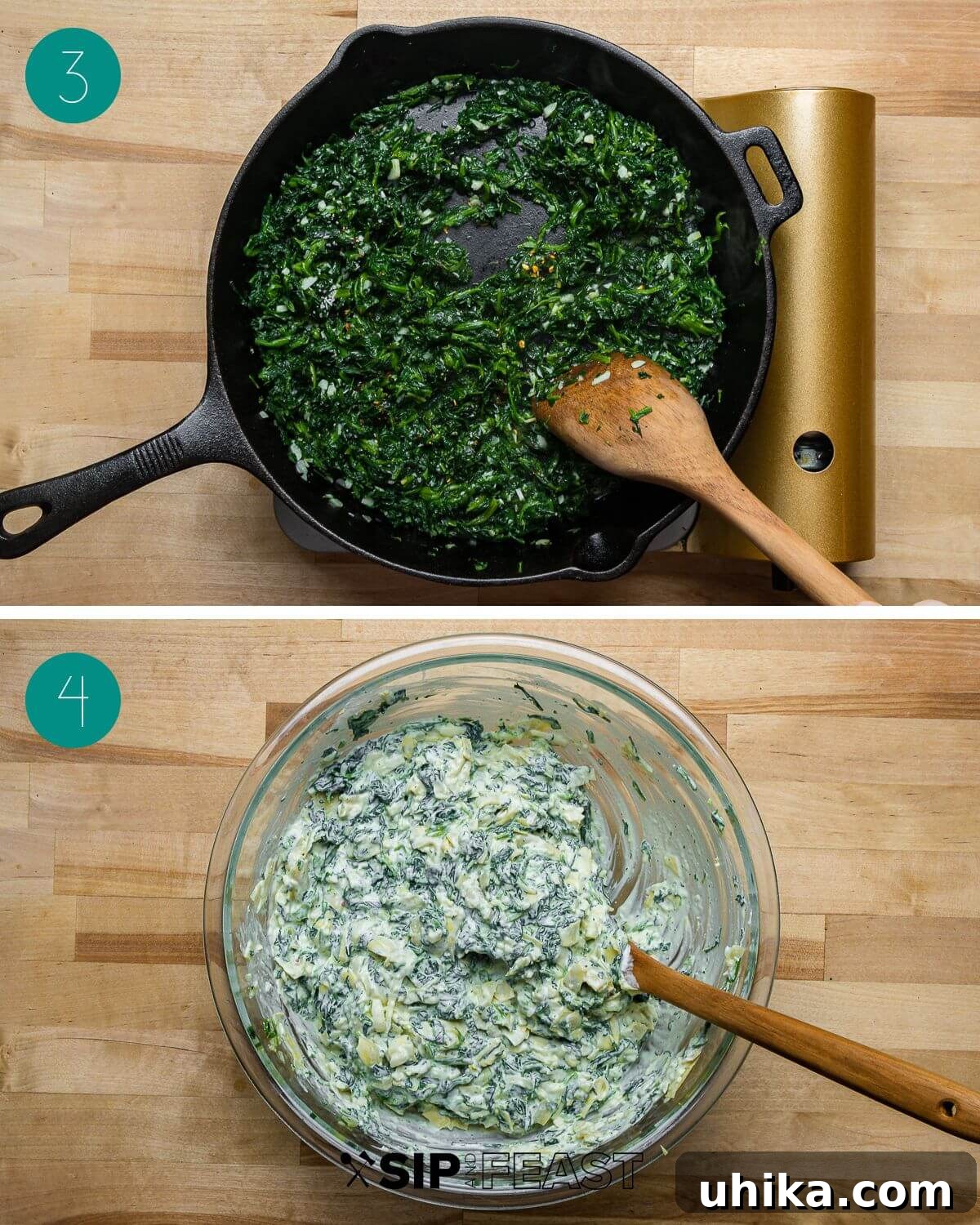 Irresistible Spinach Artichoke Dip 5 Collage of process shots showing garlic being sautéed in a pan, followed by the addition and cooking of spinach until moisture evaporates.