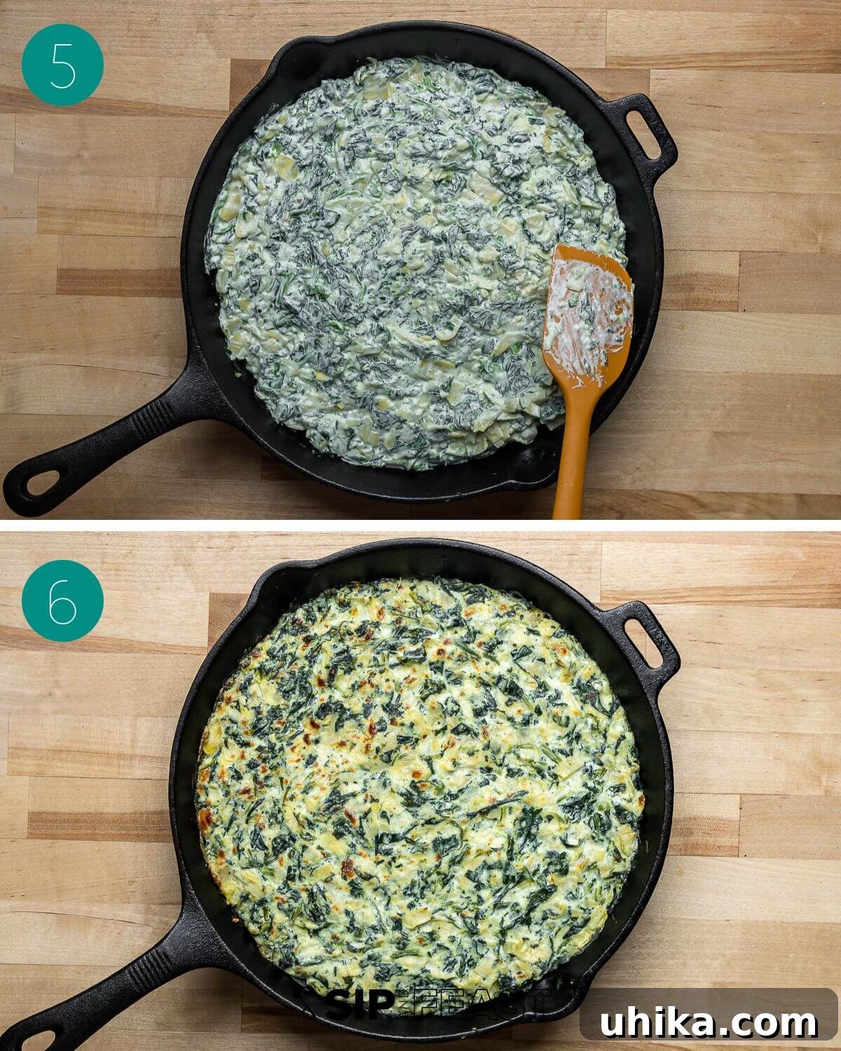 Irresistible Spinach Artichoke Dip 6 Collage of process shots depicting the combining of all ingredients in a large bowl, thorough mixing, and the dip being spread into a baking dish before oven.