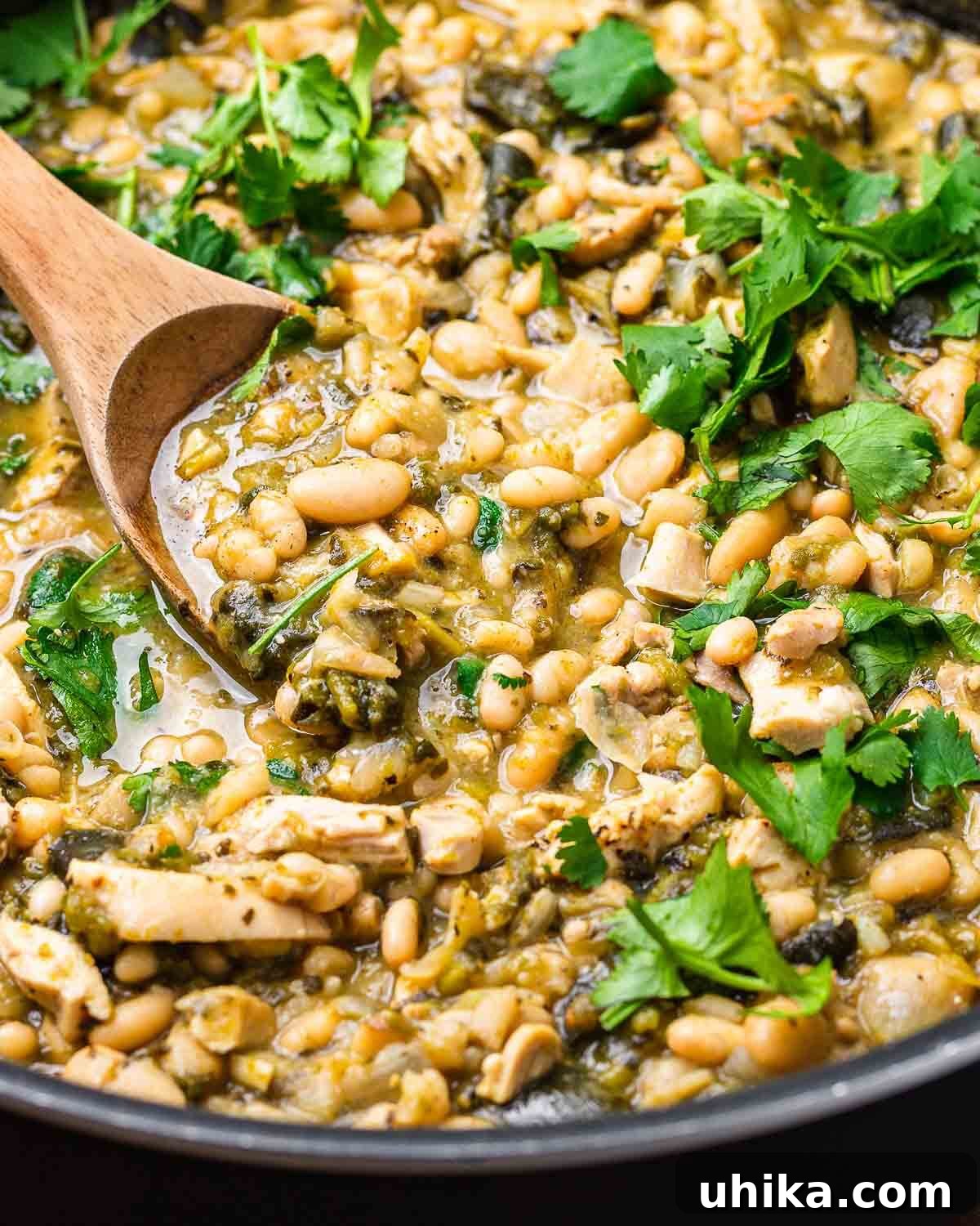 White chicken chili with cilantro in large black pan, ready to serve.